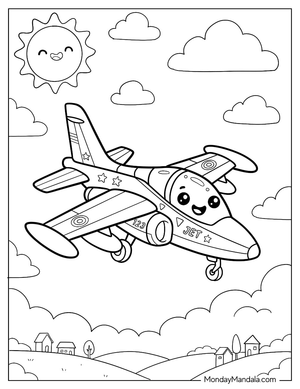 Cute Private Jet Flying Over the Countryside Coloring Page for Kids