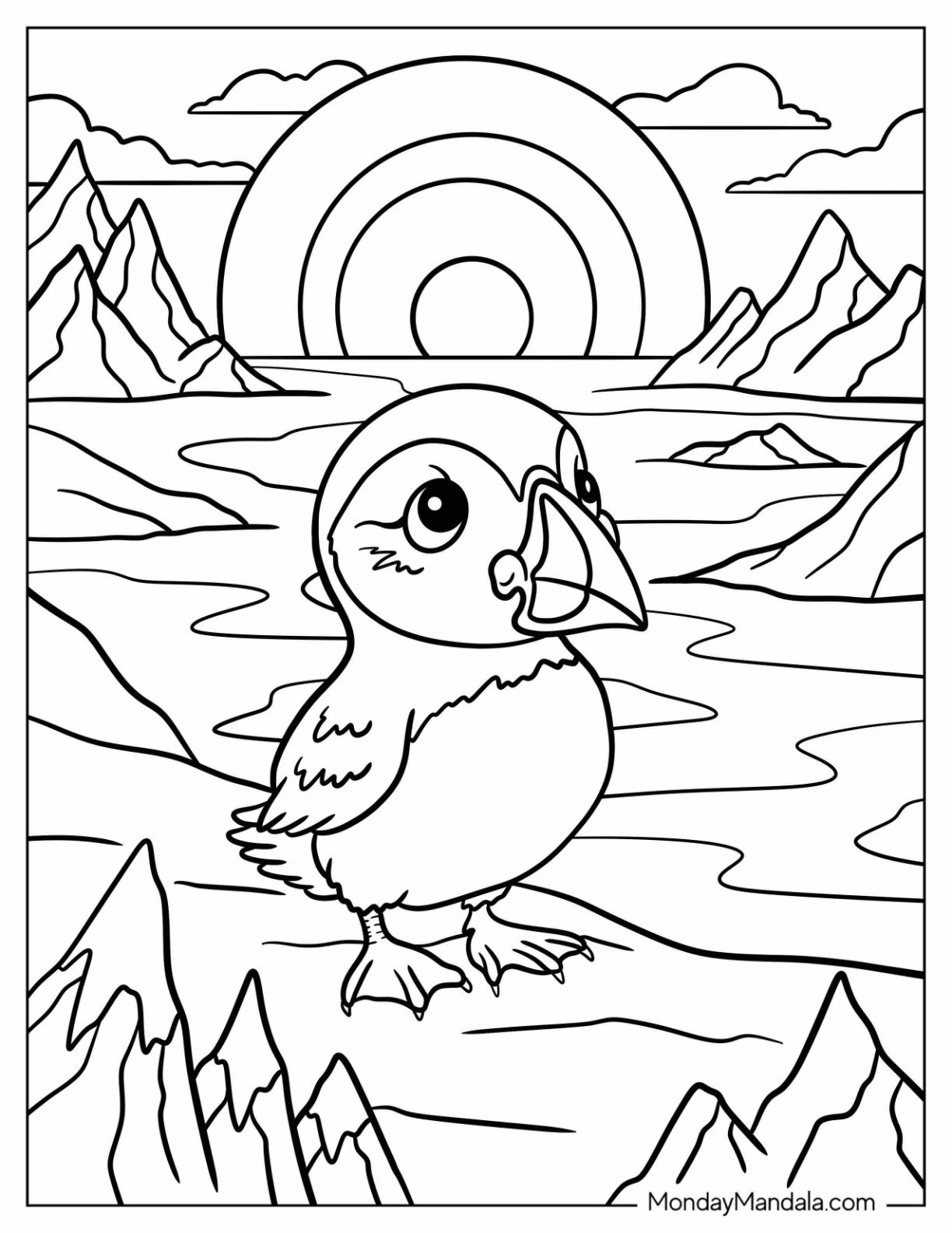Arctic Animals Coloring Page of Cute Puffin Standing on Cliff