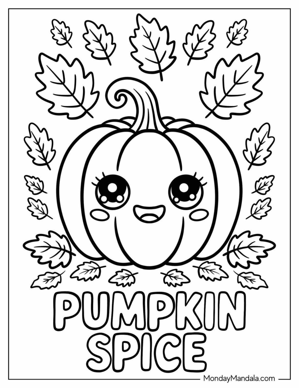 Cute Pumpkin Spice with Falling Autumn Leaves Coloring Sheet for Kids