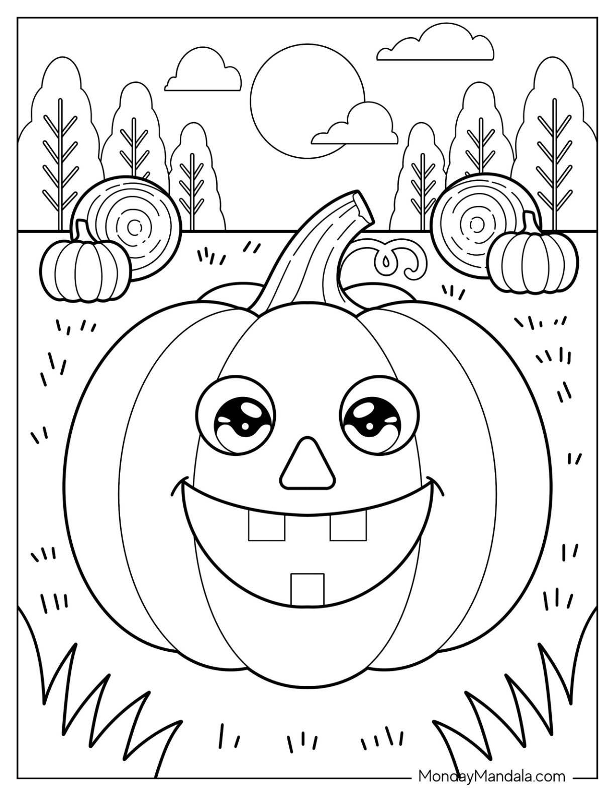 Cute Pumpkin Vegetable Coloring Page With Hay Bales and Trees in the Background for Kids