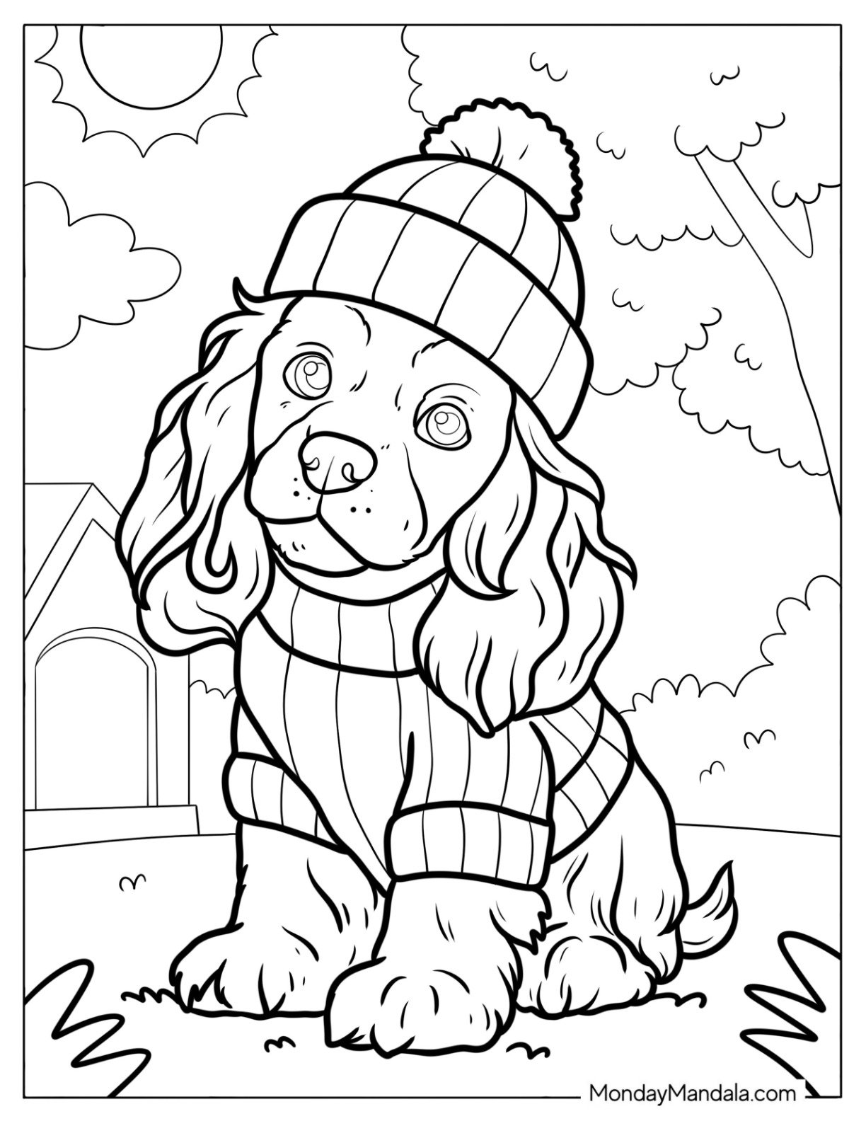 Cute Coloring Page of Puppy Spaniel with Beanie and Sweater