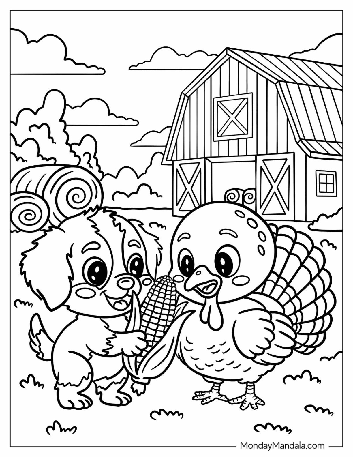 Cute Puppy and Turkey Sharing Corn on the Farm Thanksgiving Coloring Page for Kids