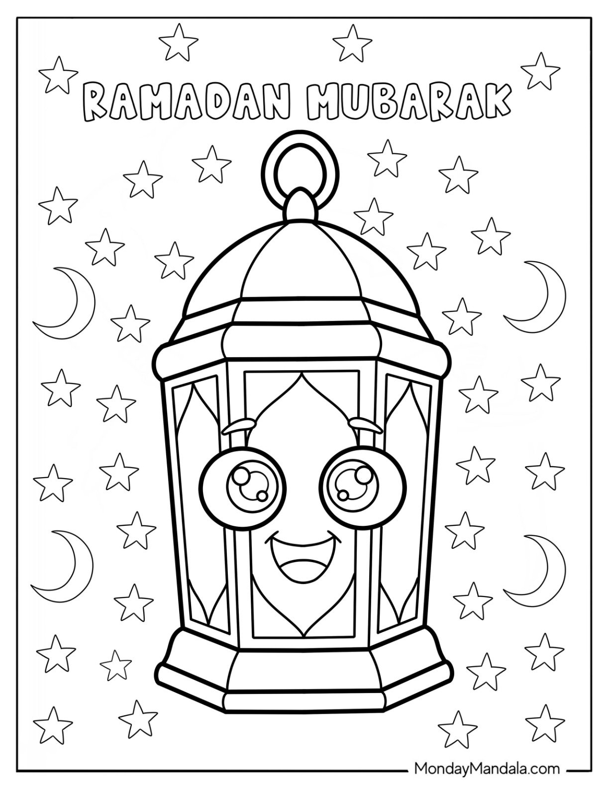 Cute Ramadan Coloring Page Lantern Surrounded by Stars and Crescent Moons for Preschoolers