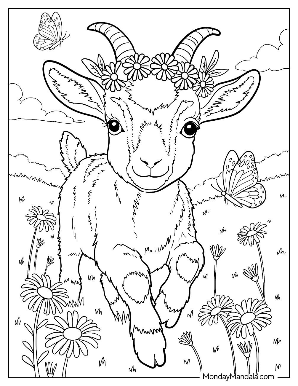 Cute Realistic Goat Coloring Page with a Flower Crown Running Through a Field of Daisies
