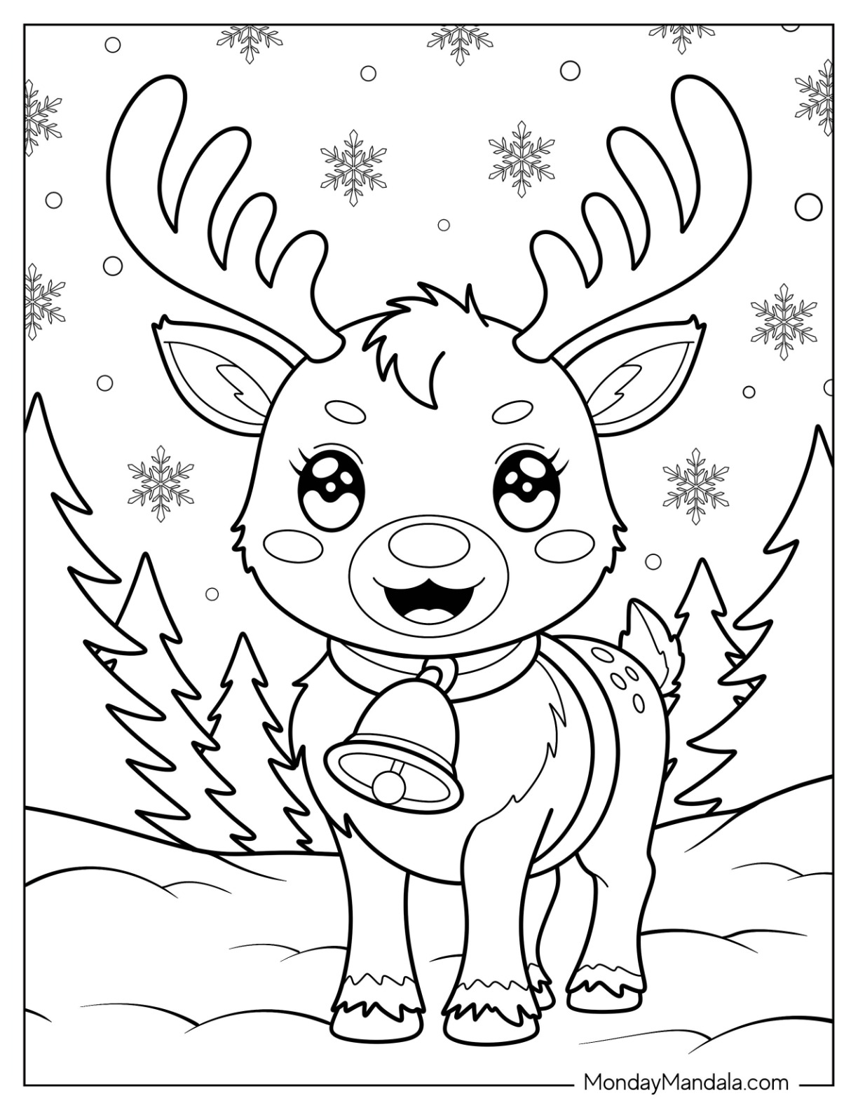 Cute Reindeer with Bell Coloring Page in Snowy Forest for Kids