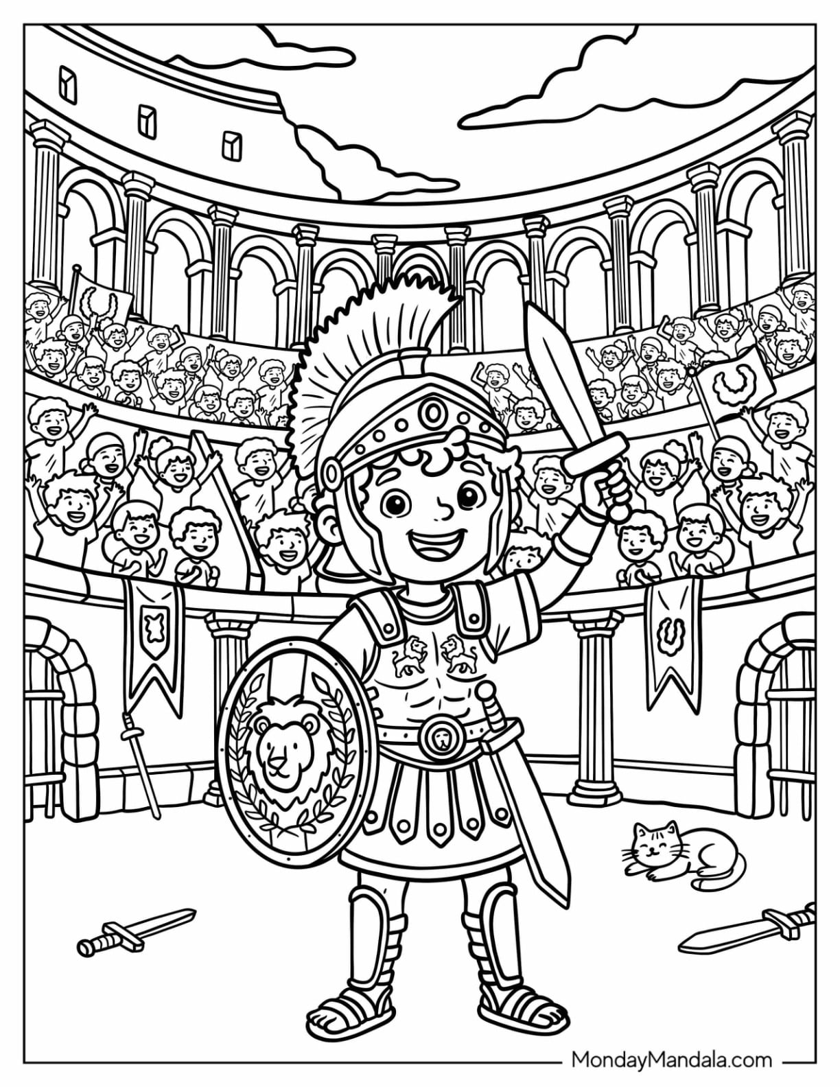 Italy Coloring Page of Cute Roman Gladiator Standing in the Colosseum for Kids