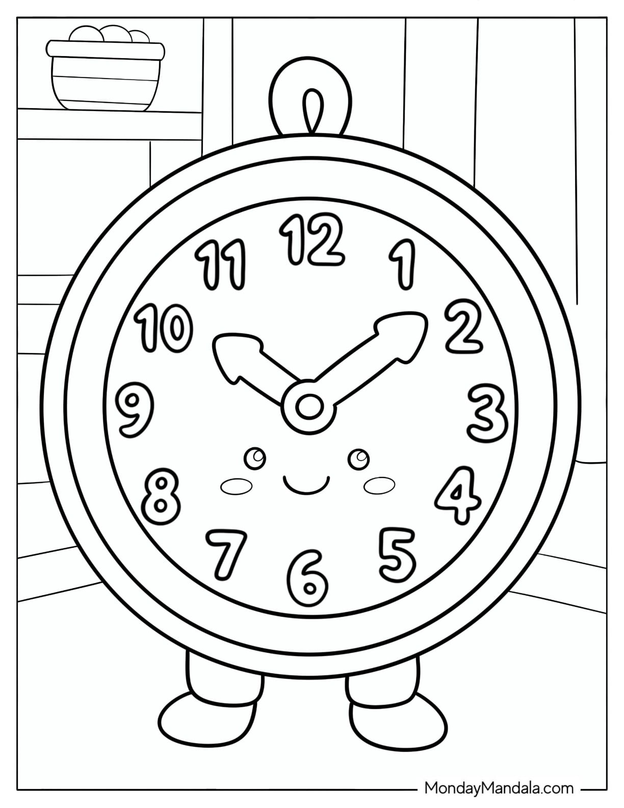 Cute Round Alarm Clock with Little Feet Coloring Page for Kids
