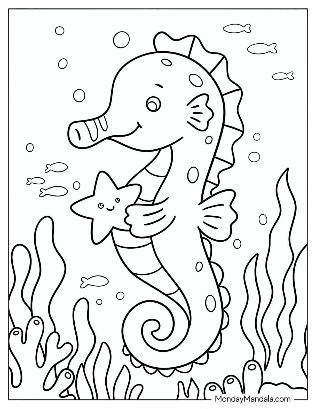 Cute Seahorse Holding a Starfish Coloring Page for Preschoolers