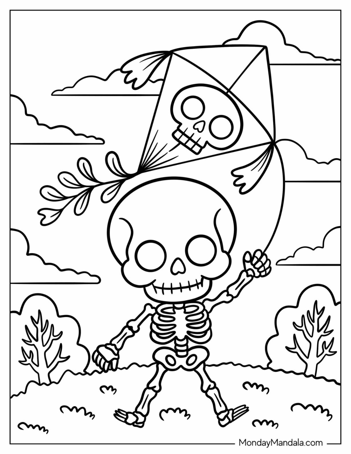 Cute Skeleton Coloring Page Flying a Skull Kite on a Breezy Day for Preschoolers