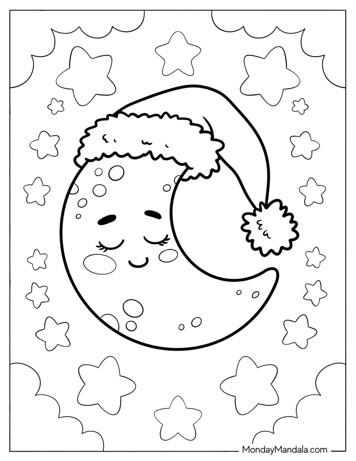 Cute Coloring Page of Sleeping Crescent Moon with Hat