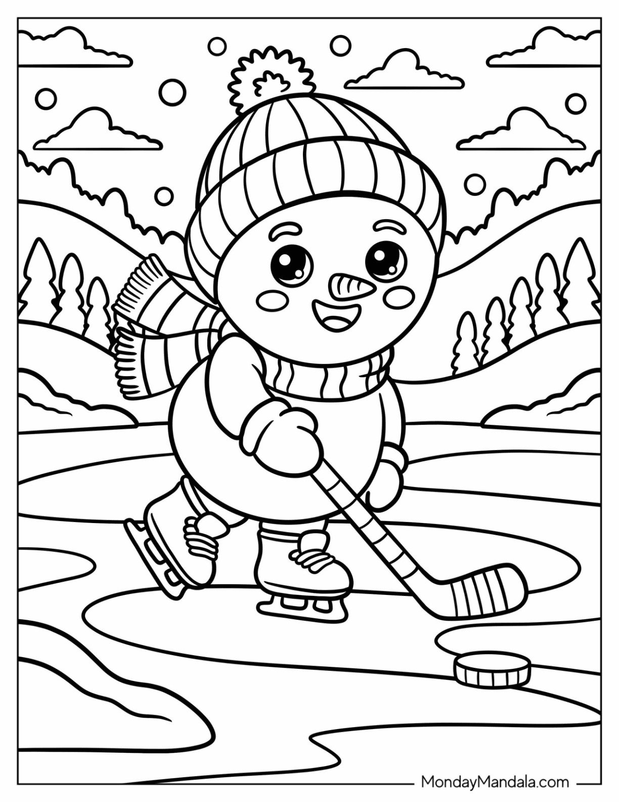 NHL & Hockey Coloring Page of Cute Snowman with Beanie and Scarf Playing Ice Hockey Outdoors for Kids