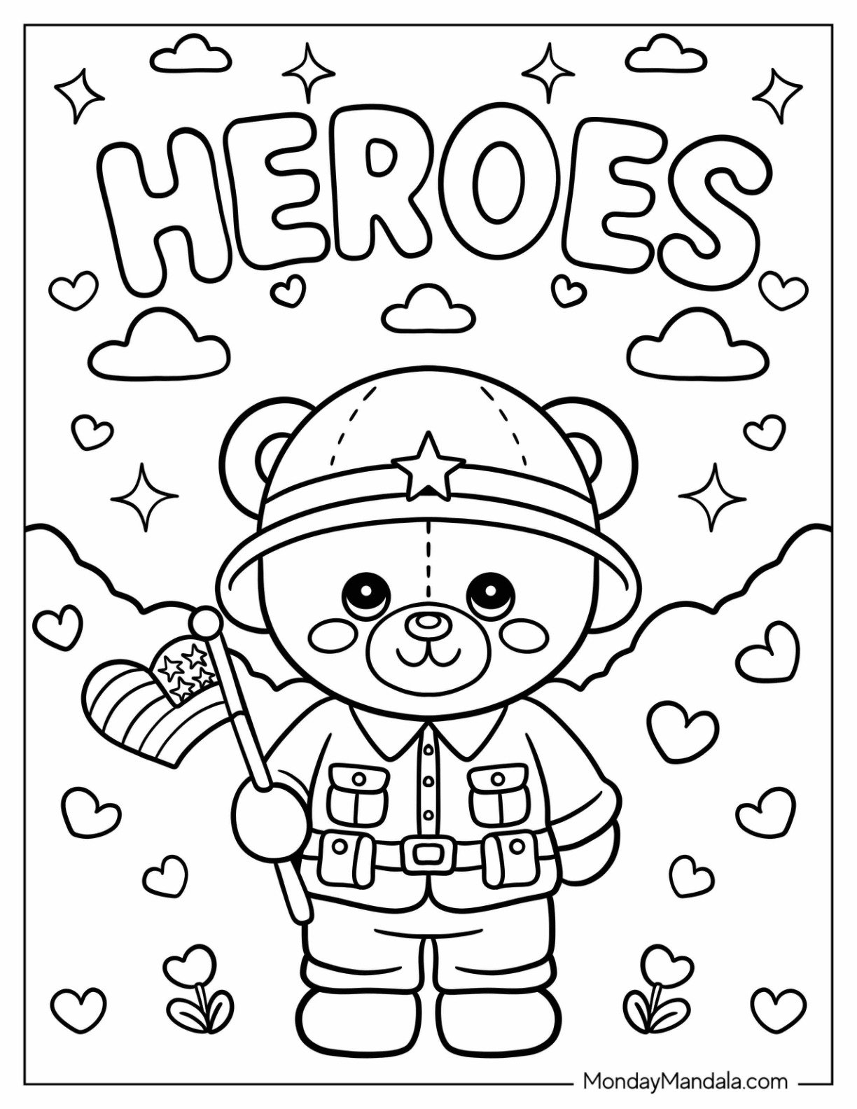 Memorial Day Coloring Page of Cute Soldier Bear Holding American Flag Under ‘Heroes’ Text for Kids