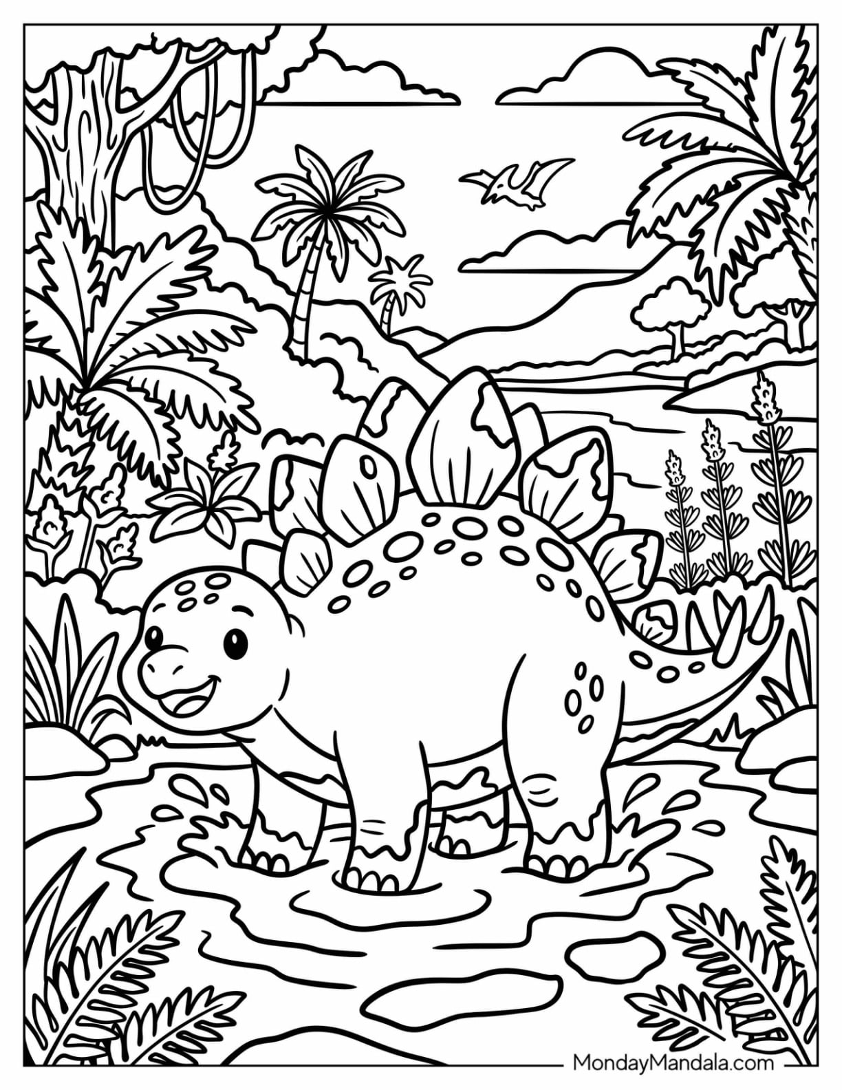 Cute Stegosaurus Walking Through a Tropical Jungle Pond Coloring Page