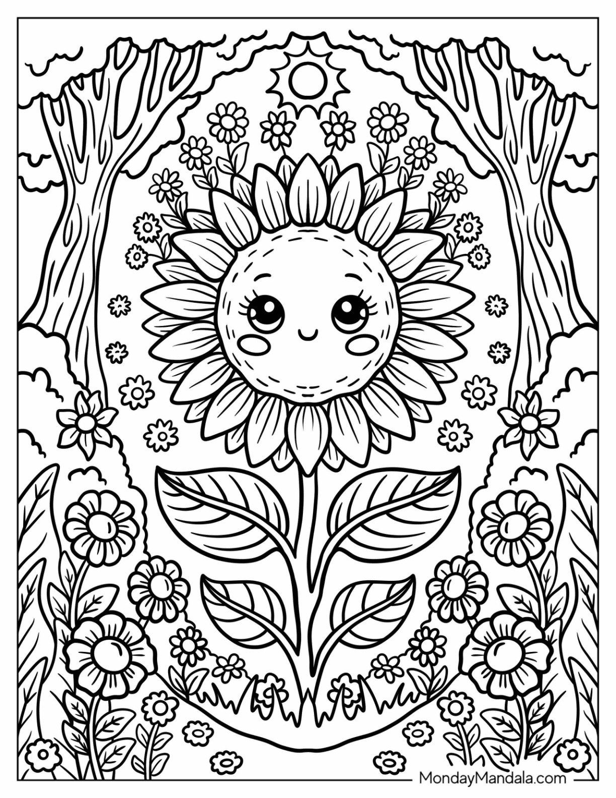 Cute Sunflower Coloring Page Face in a Forest Garden for Kids