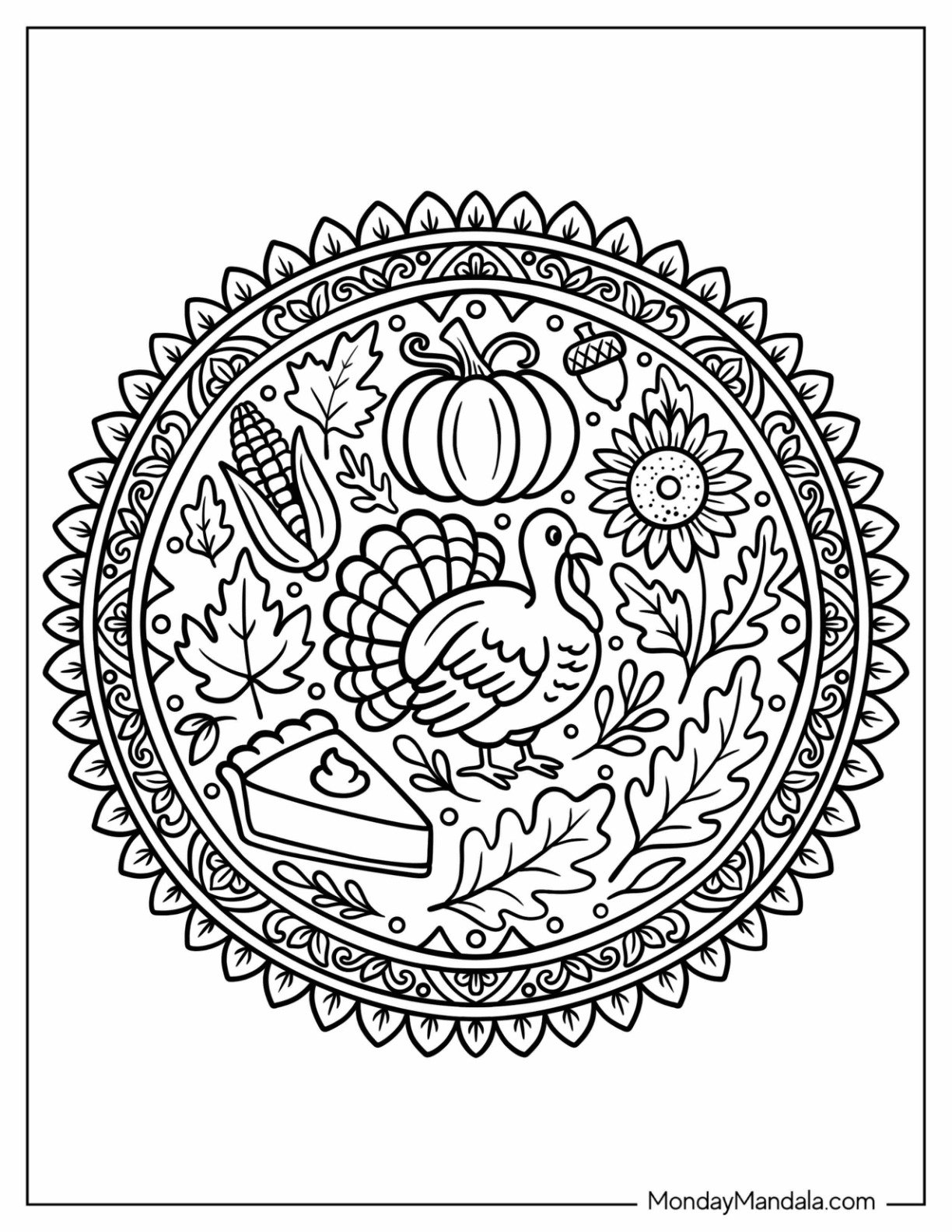 Cute Thanksgiving Coloring Page Mandala with Turkey, Fall Harvest, and Leaves