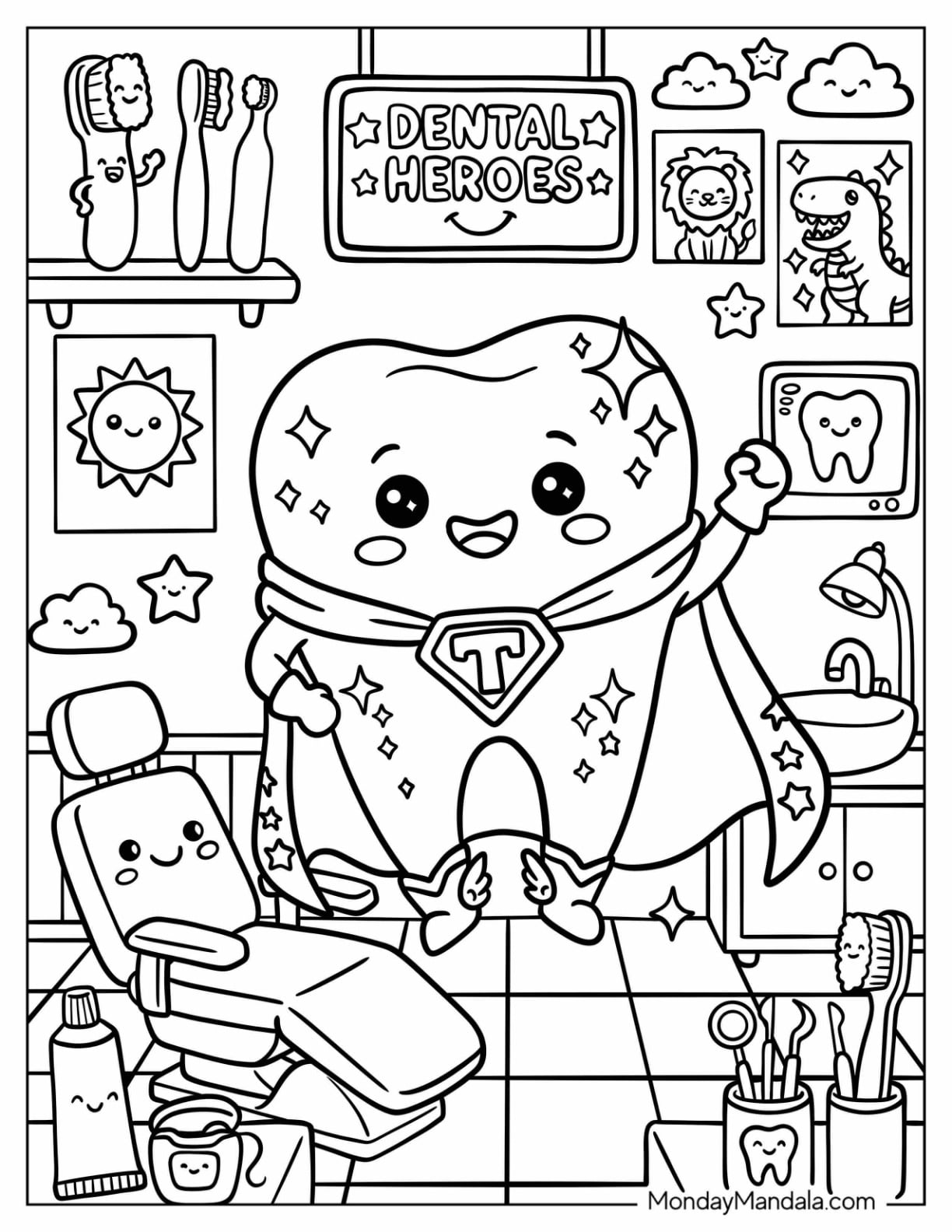 Cute Tooth Superhero in a Dental Clinic Coloring Page