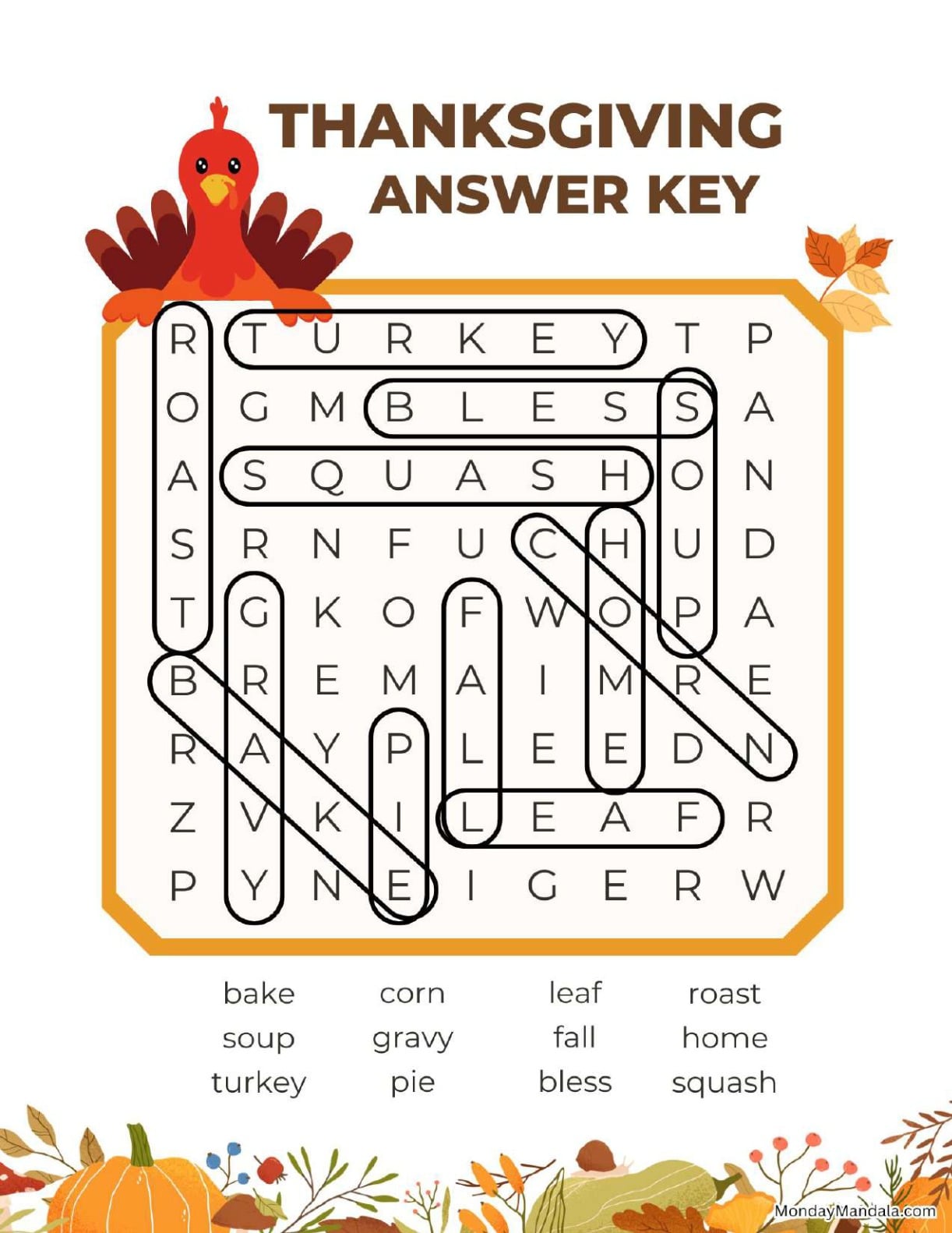 Cute Turkey Thanksgiving Word Search Answer Key