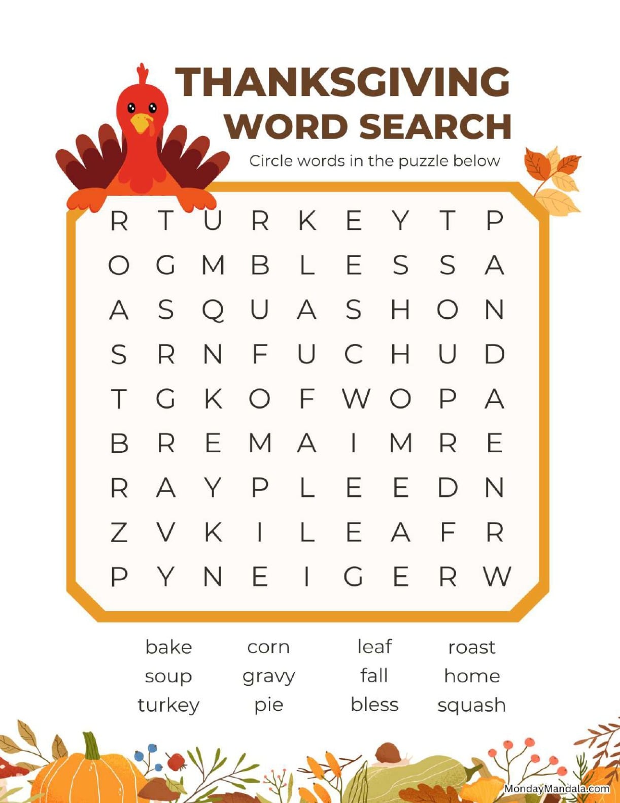 Cute Turkey Thanksgiving Word Search
