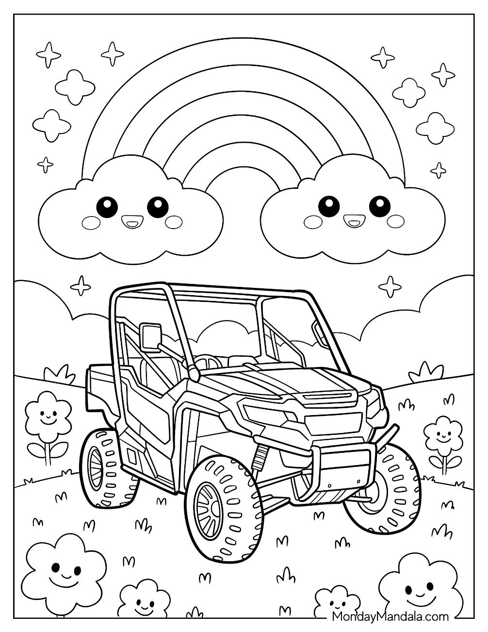 Cute UTV Coloring Page in a Happy Meadow with Smiling Clouds and Rainbow for Kids