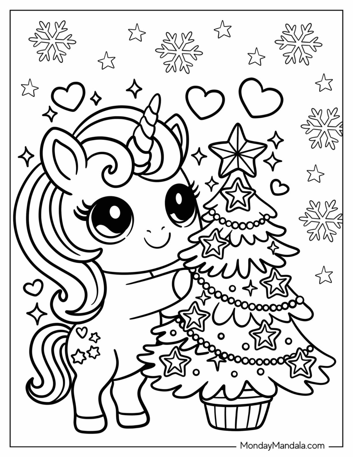 Cute Christmas Unicorn Coloring Page Decorating a Christmas Tree for Kids