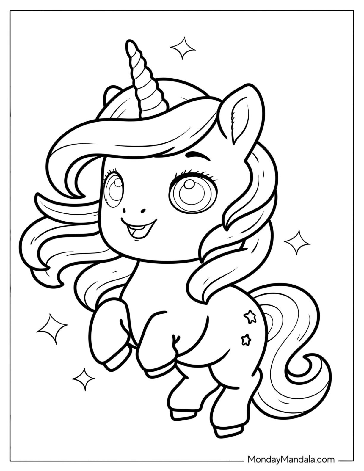 Cute Coloring Page of Unicorn with Flowing Mane and Sparkles for Preschoolers