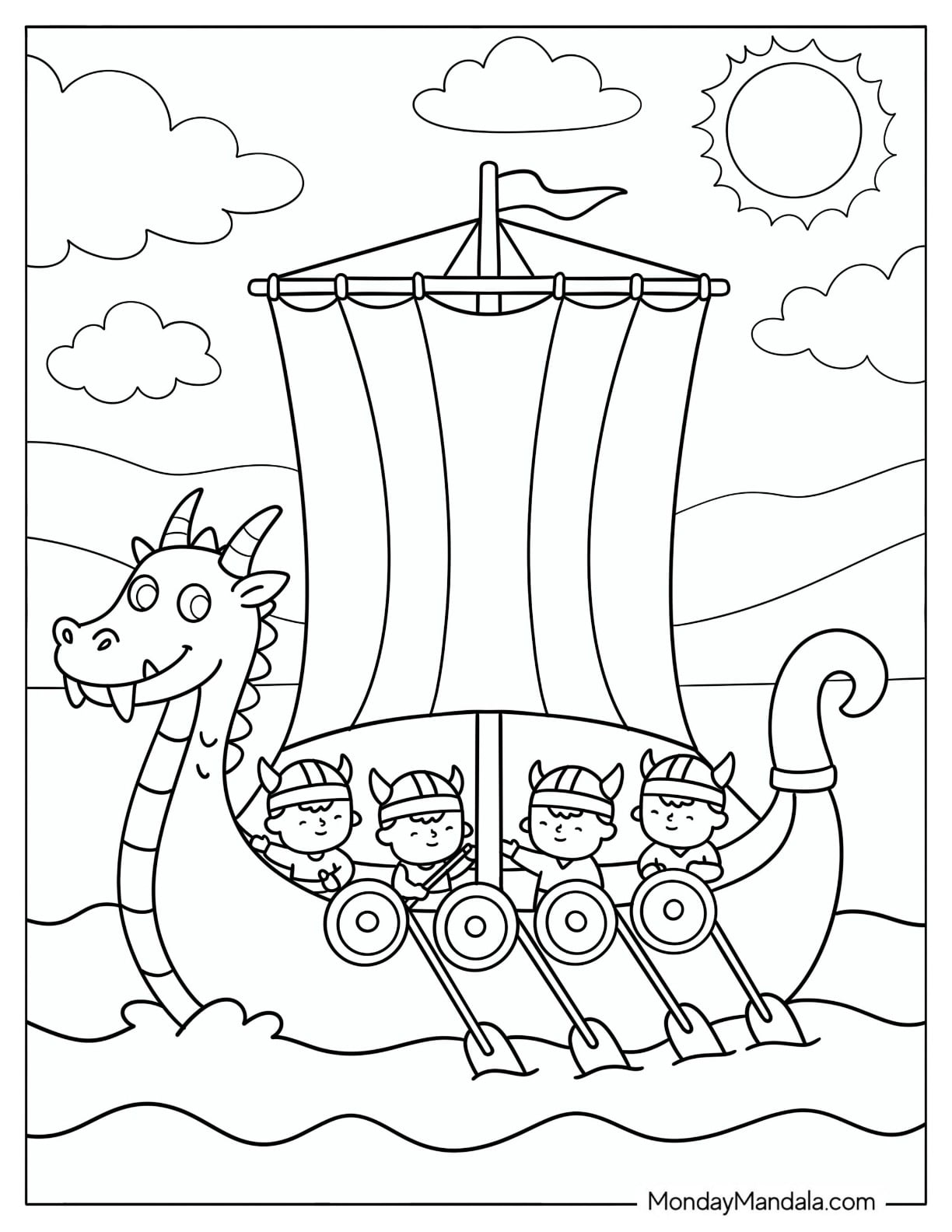 Cute Viking Crew Sailing a Dragon Headed Longship Coloring Sheet for Kids