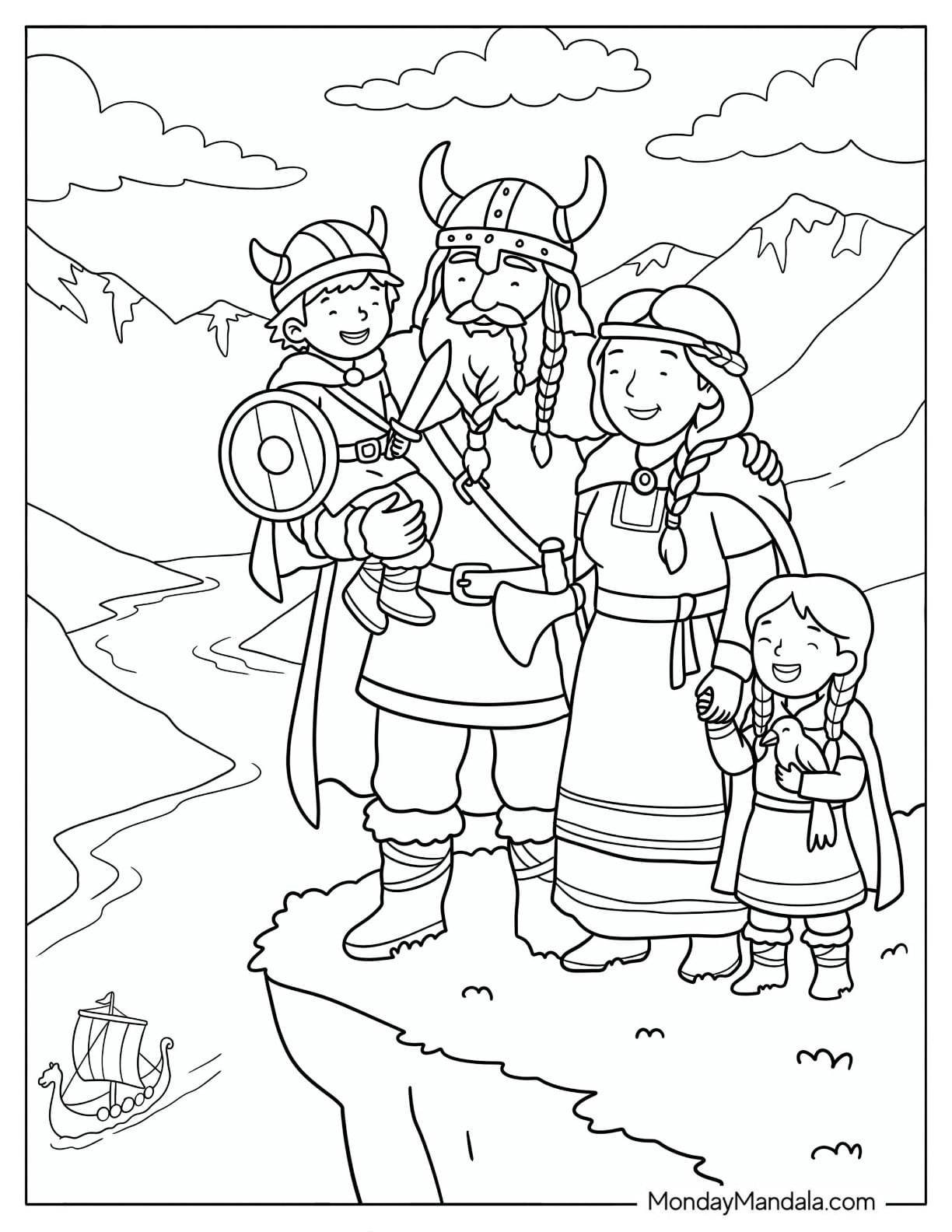 Cute Viking Family Standing Together on a Mountain Cliff with a Viking Ship Coloring Page for Kids