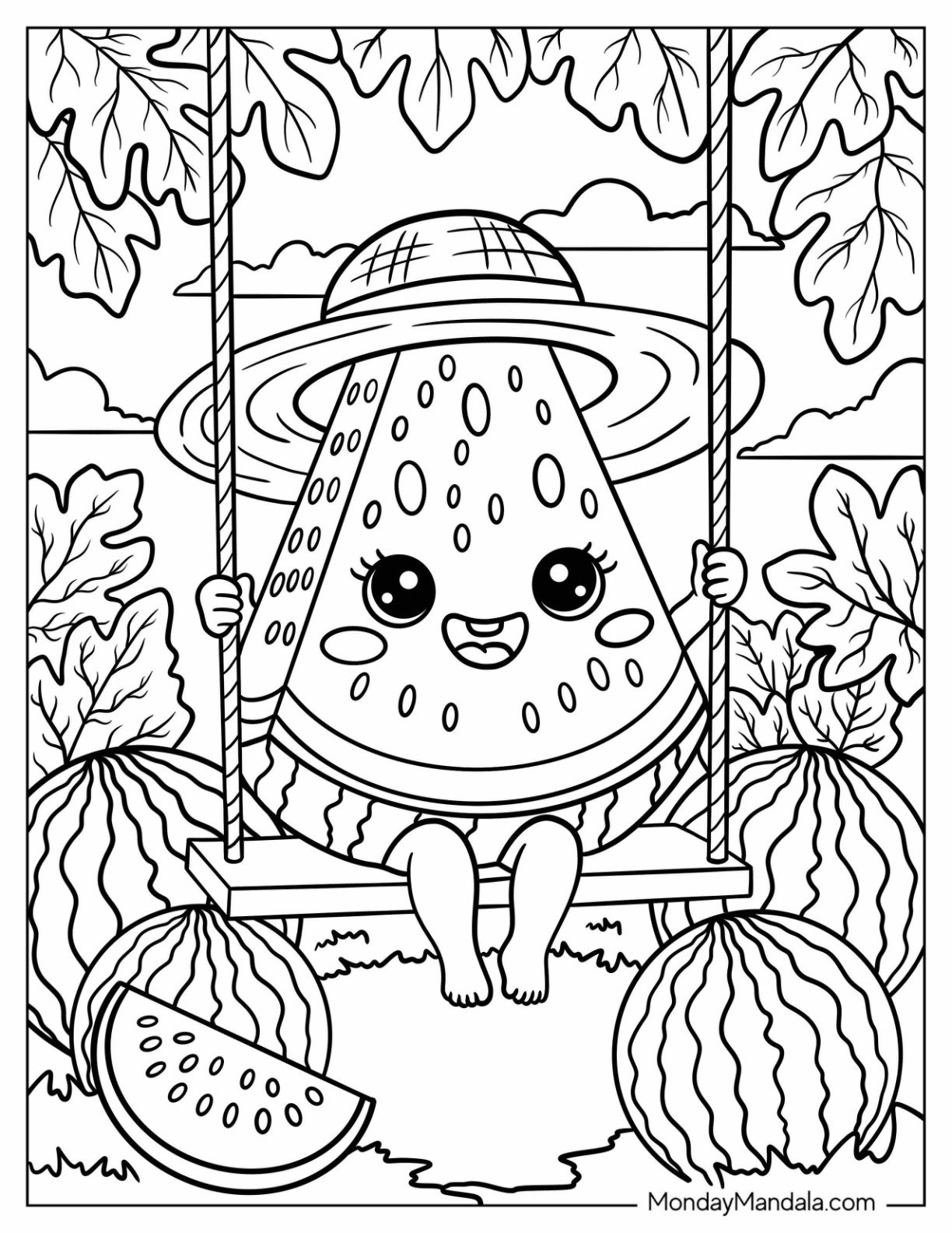 Cute Watermelon Coloring Page Slice Enjoying a Swing Ride for Kids