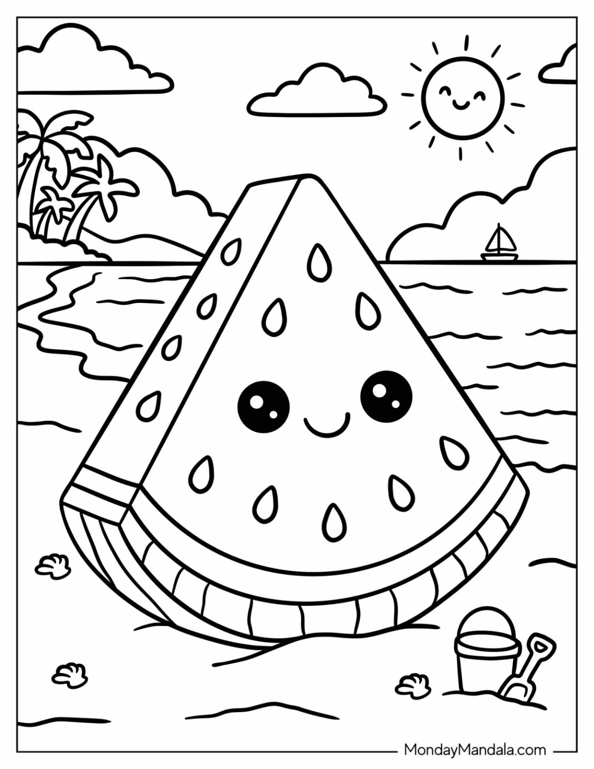 Cute Watermelon Slice Relaxing on a Sunny Beach Coloring Page for Kids