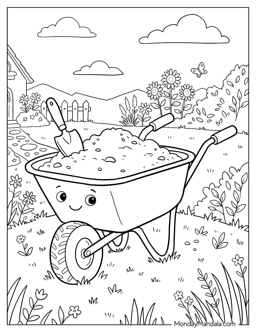 Cute Wheelbarrow Filled with Soil in a Flower Garden Coloring Page for Kids