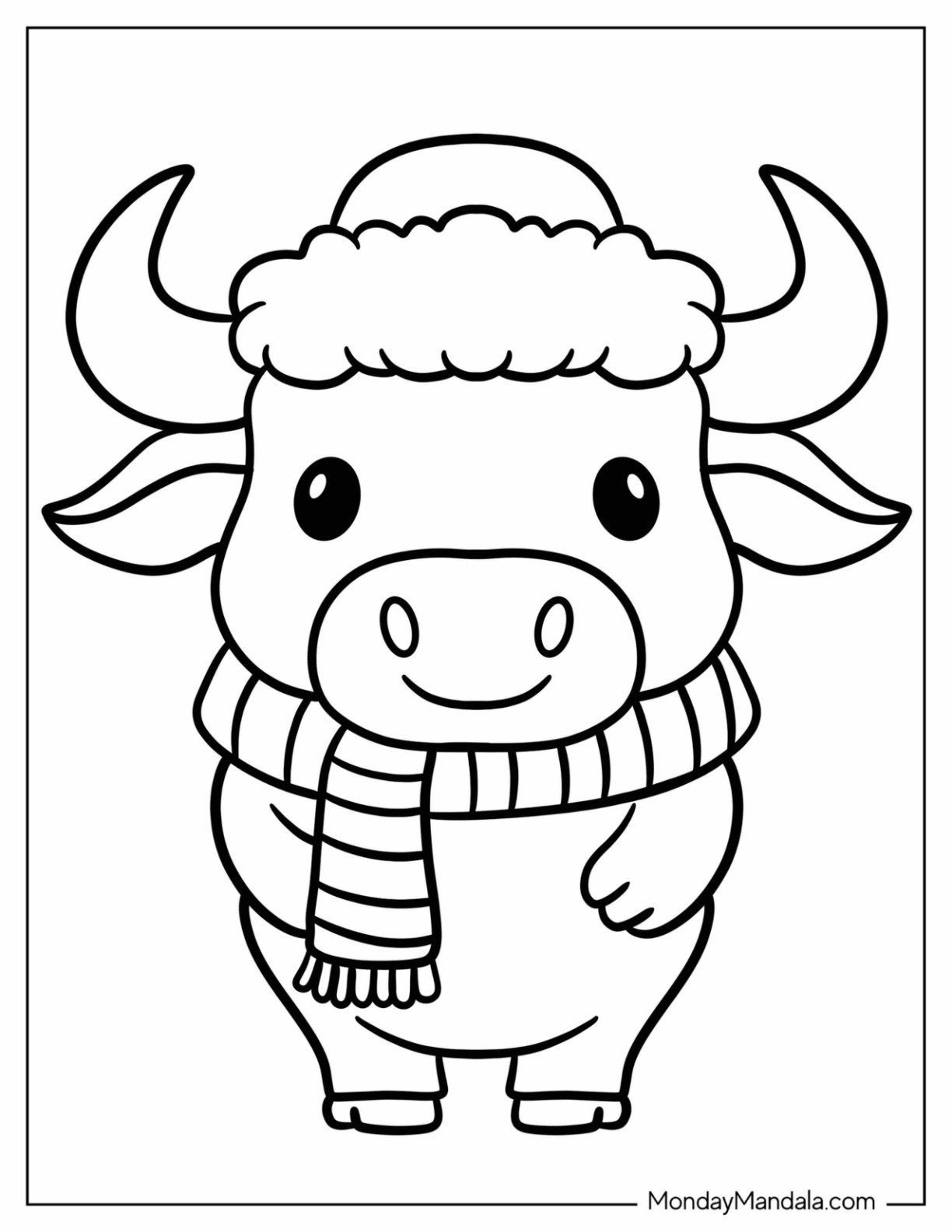 Cute Winter Bull Coloring Page with Cozy Hat and Scarf for Preschoolers