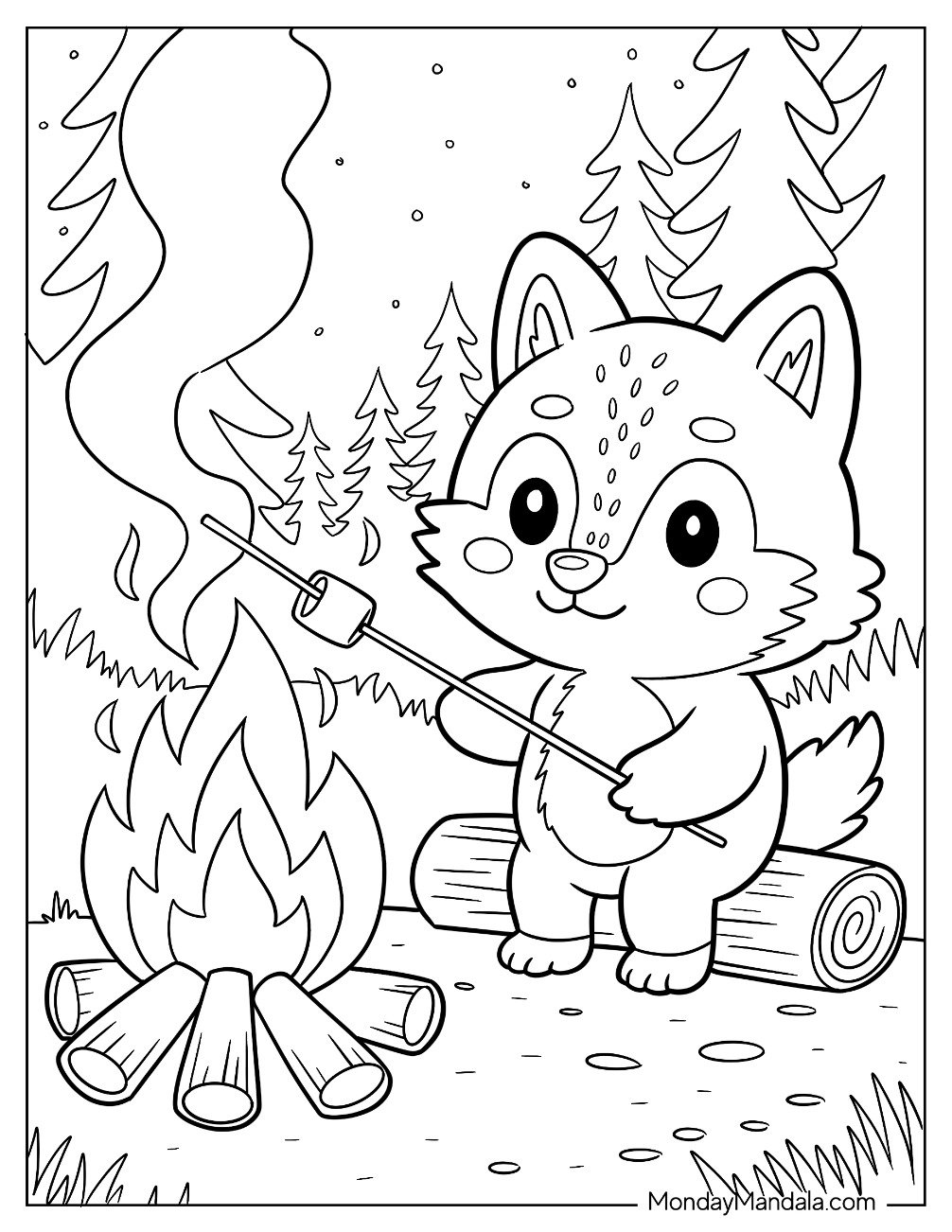 Cute Wolf Coloring Page Pup Sitting by Campfire Roasting Marshmallow for Preschoolers