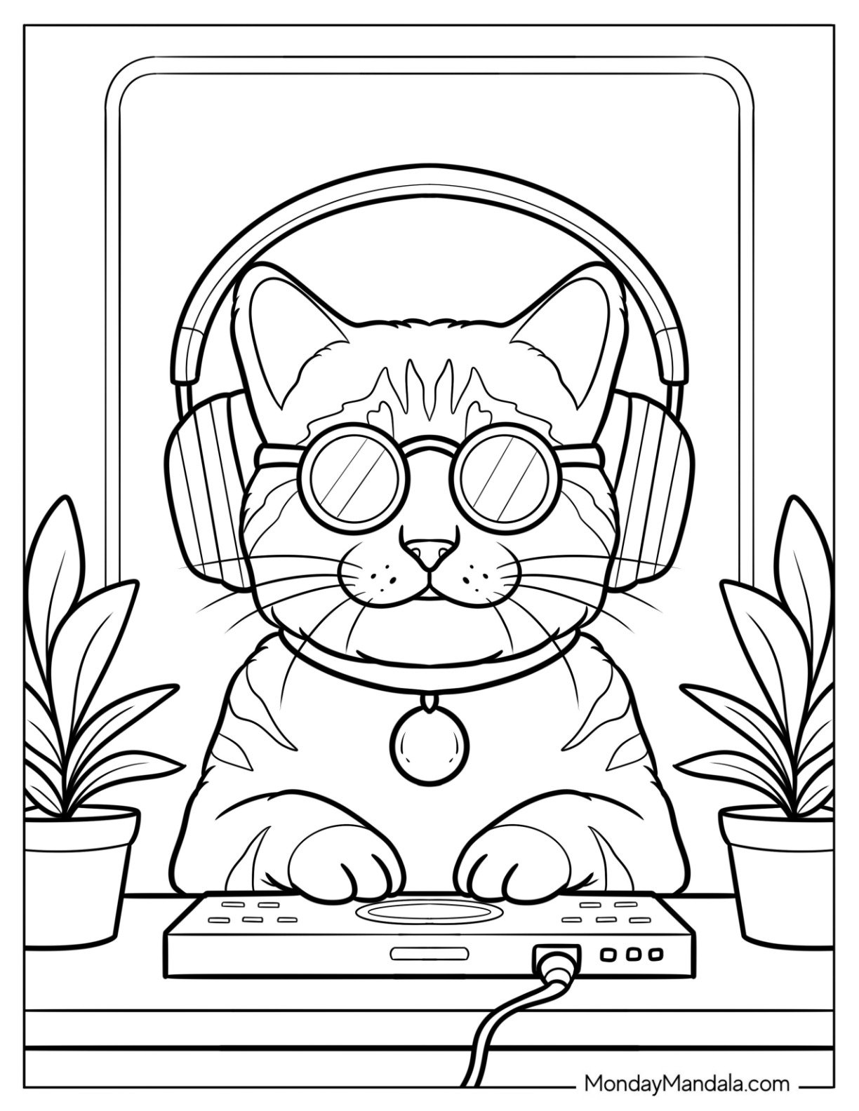 DJ Cat Coloring Page Wearing Sunglasses and Headphones