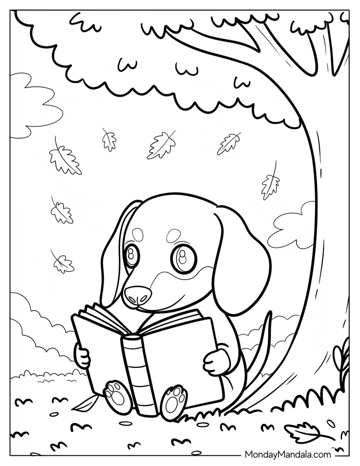 Dachshund Reading Book Under Tree with Falling Autumn Leaves Coloring Page for Preschoolers