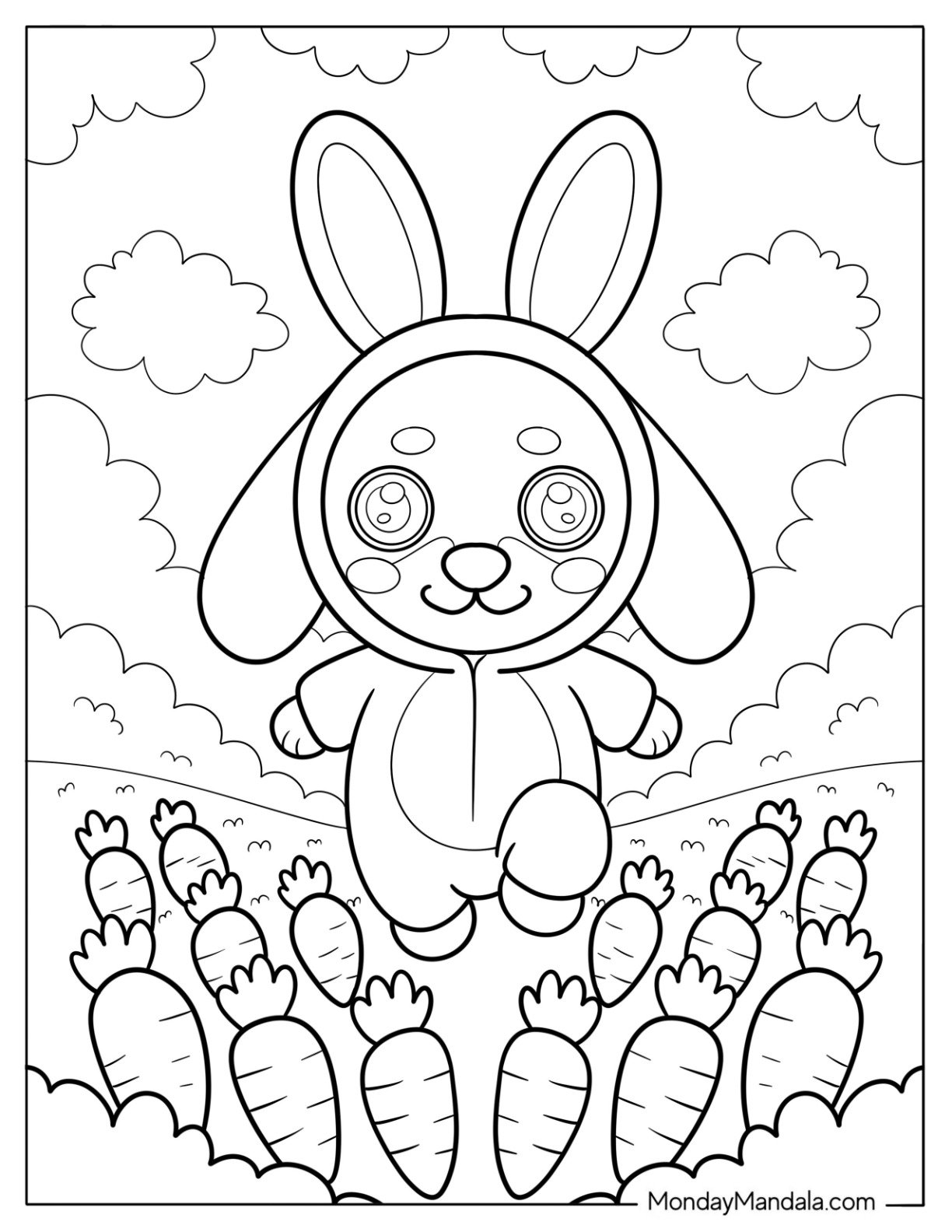 Dachshund in Bunny Costume Hopping Through Carrot Field with Clouds Coloring Page for Kids