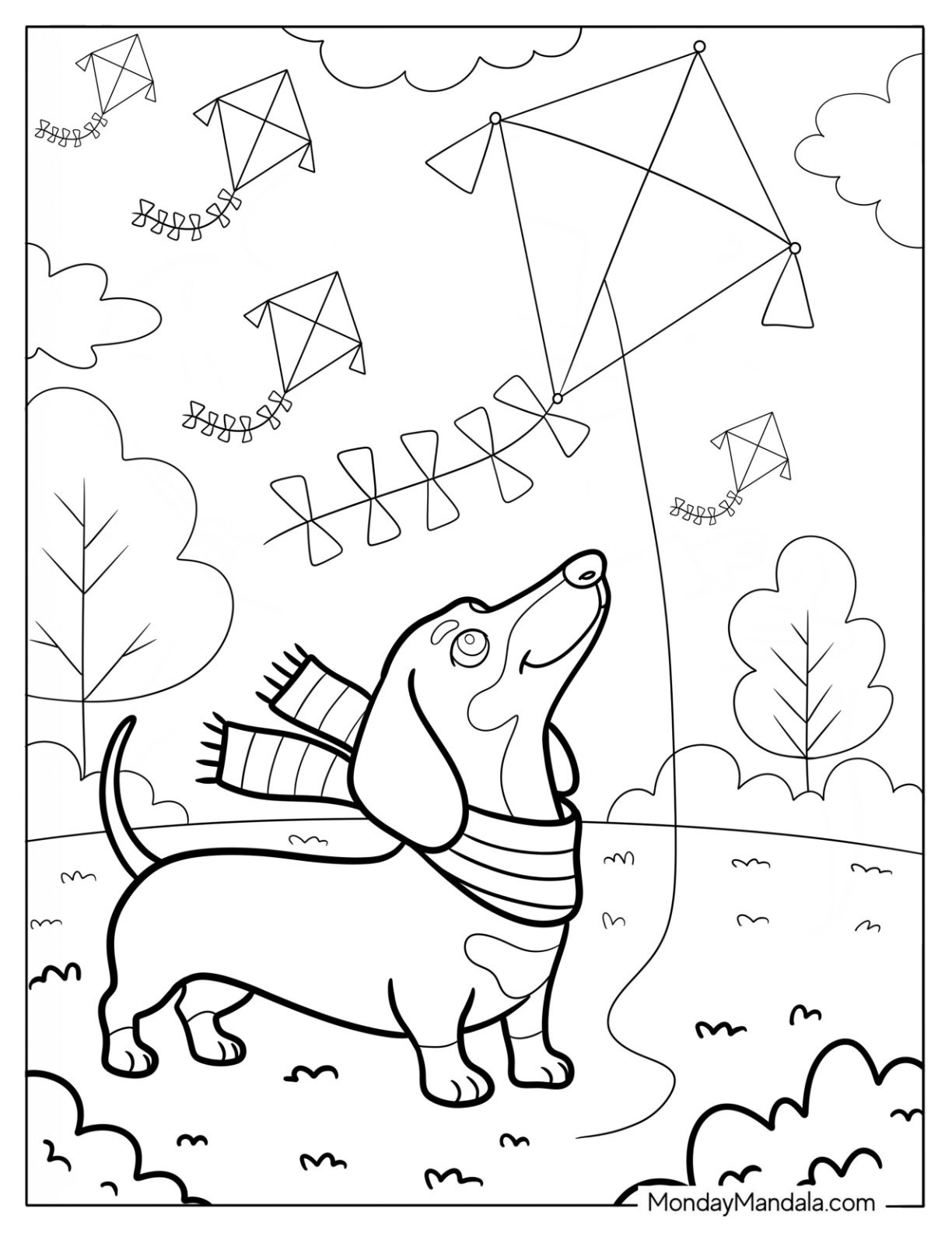 Dachshund on Windy Day with Scarf and Colorful Kites in the Sky Coloring Page for Kids