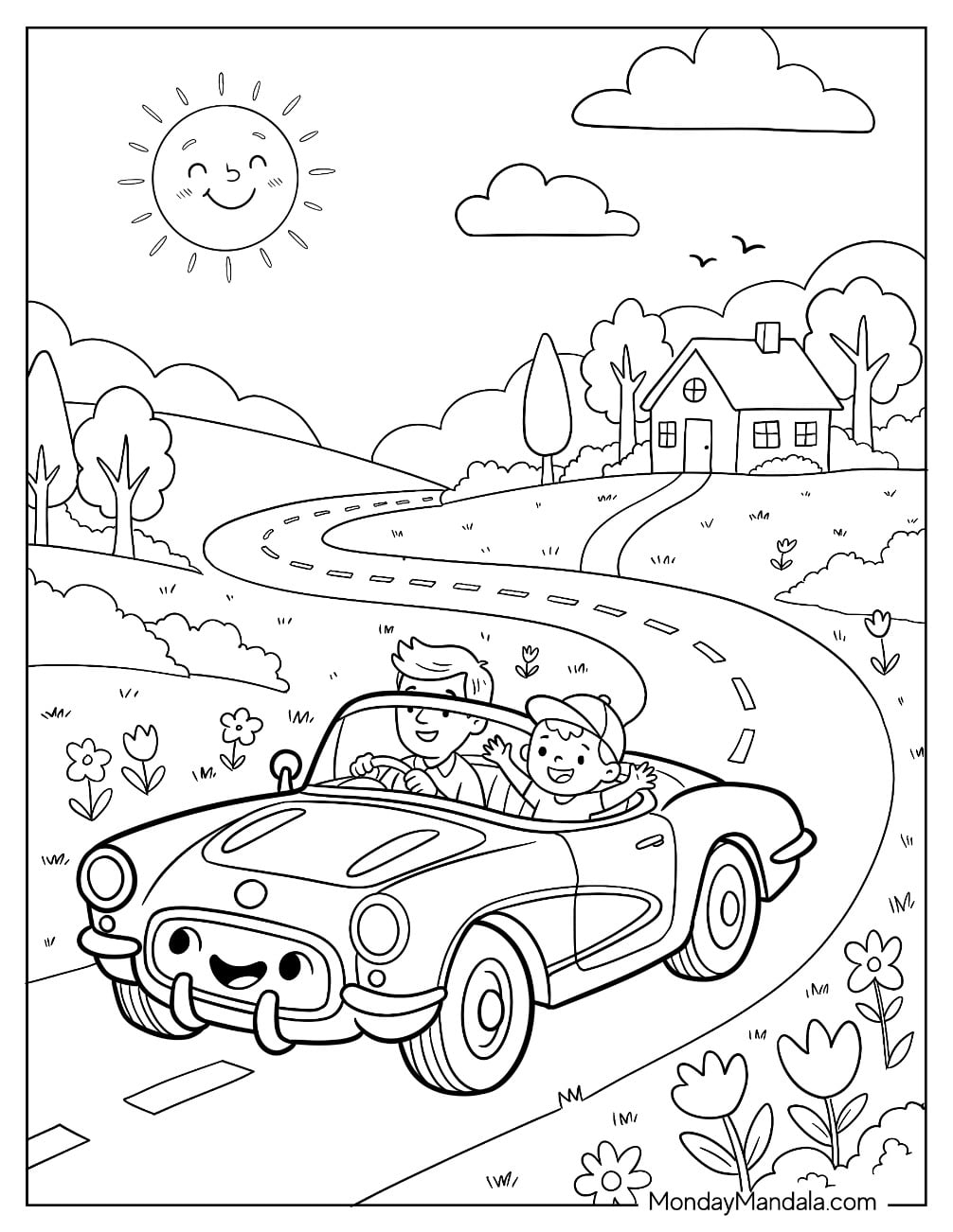 Dad Driving His Son in a Corvette Coloring Page