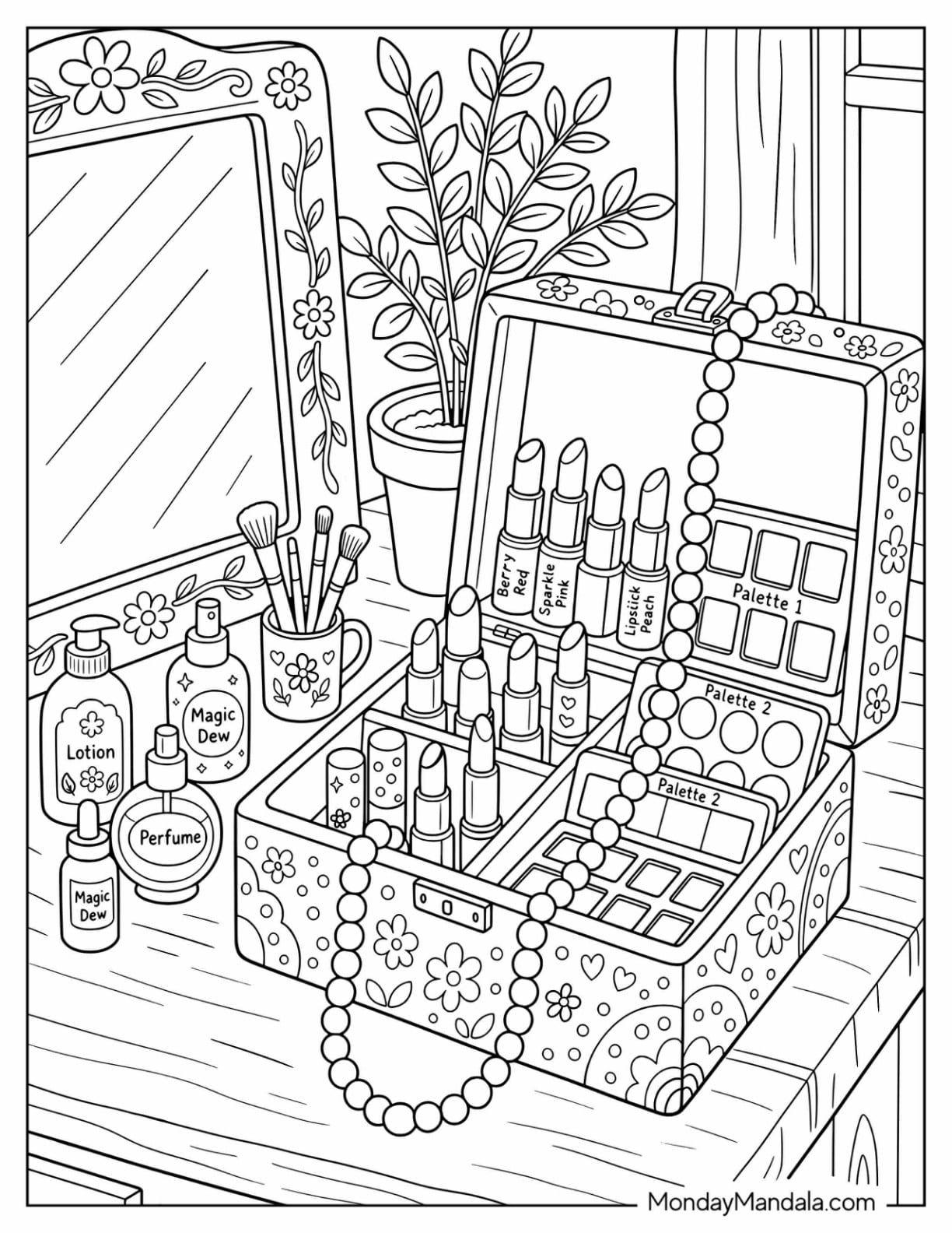 Dainty Makeup Case with a Pearl Necklace Coloring Sheet