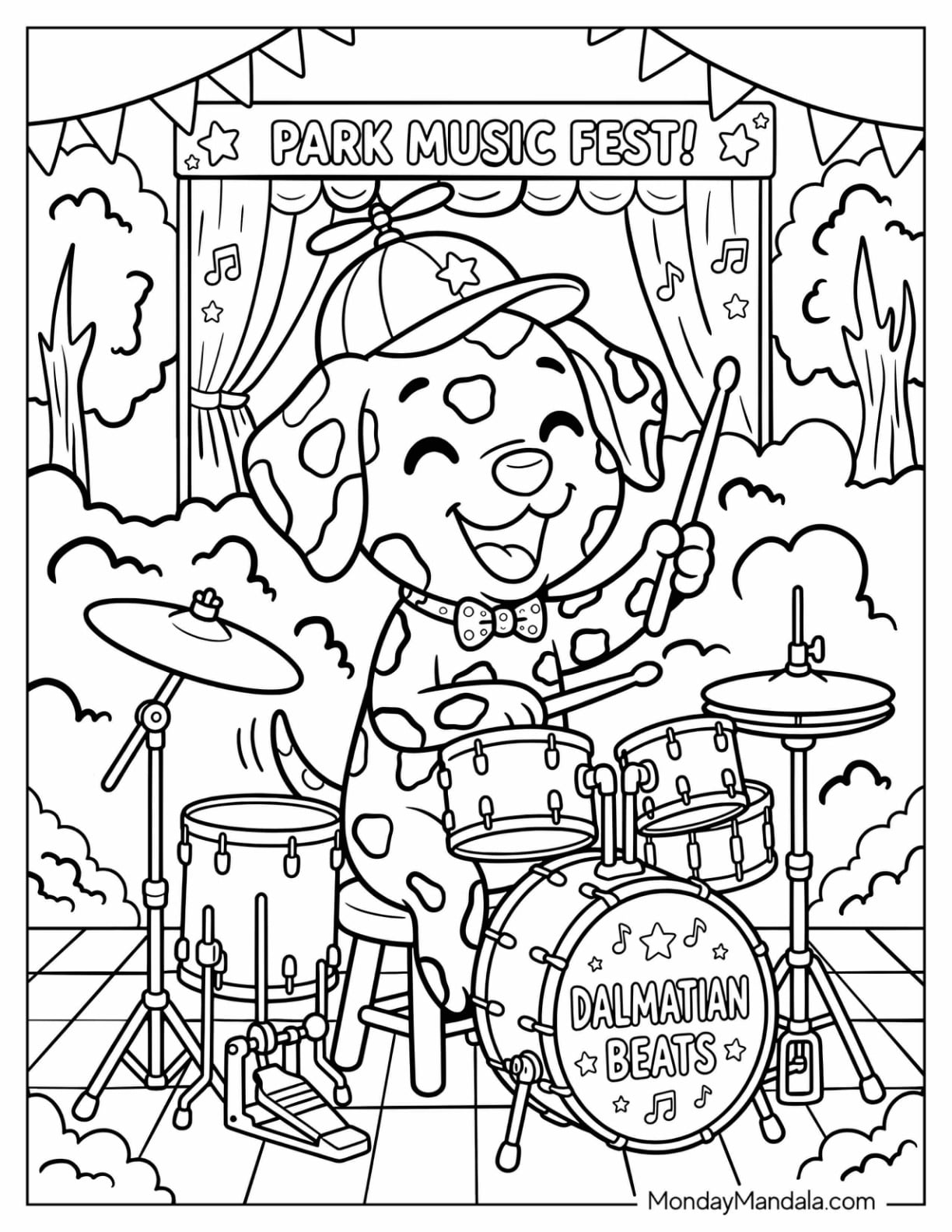 Dalmatian Playing Drums at a Park Music Festival Coloring Page