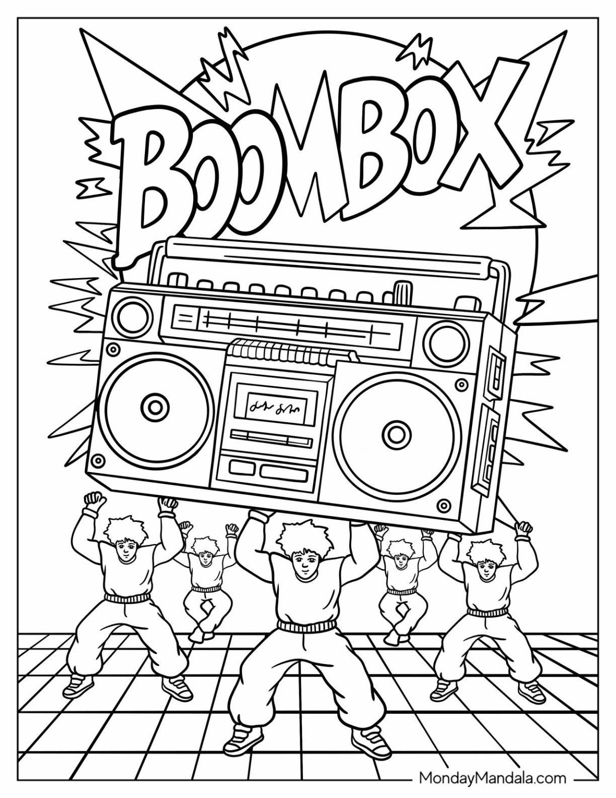 80's Coloring Page of Dancers Lifting Giant Boombox with Comic Style Burst