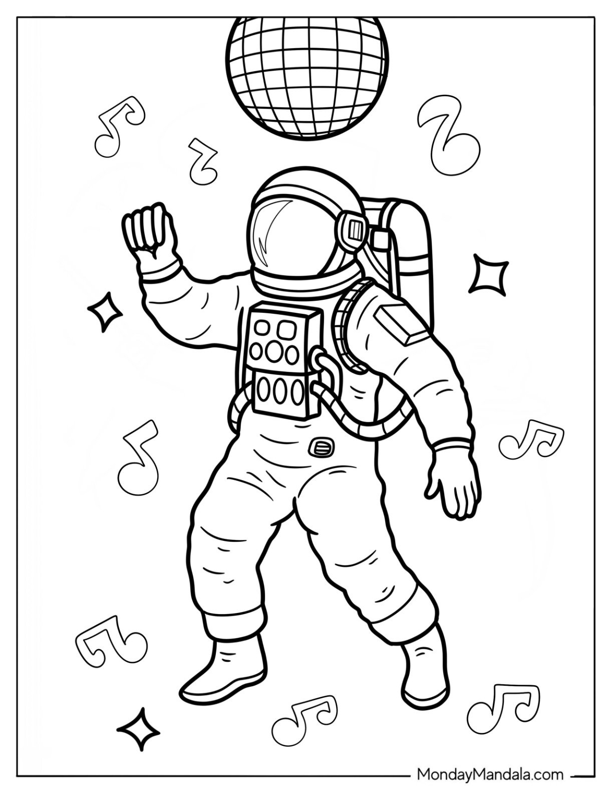 Dancing Astronaut Under Disco Ball with Music Notes Coloring Page For Kids