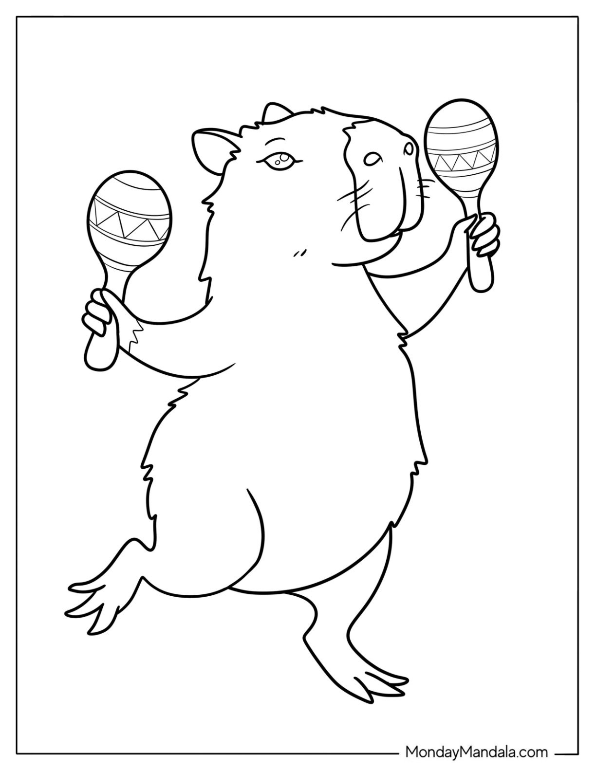 Dancing Capybara Coloring Page with Maracas for Preschoolers