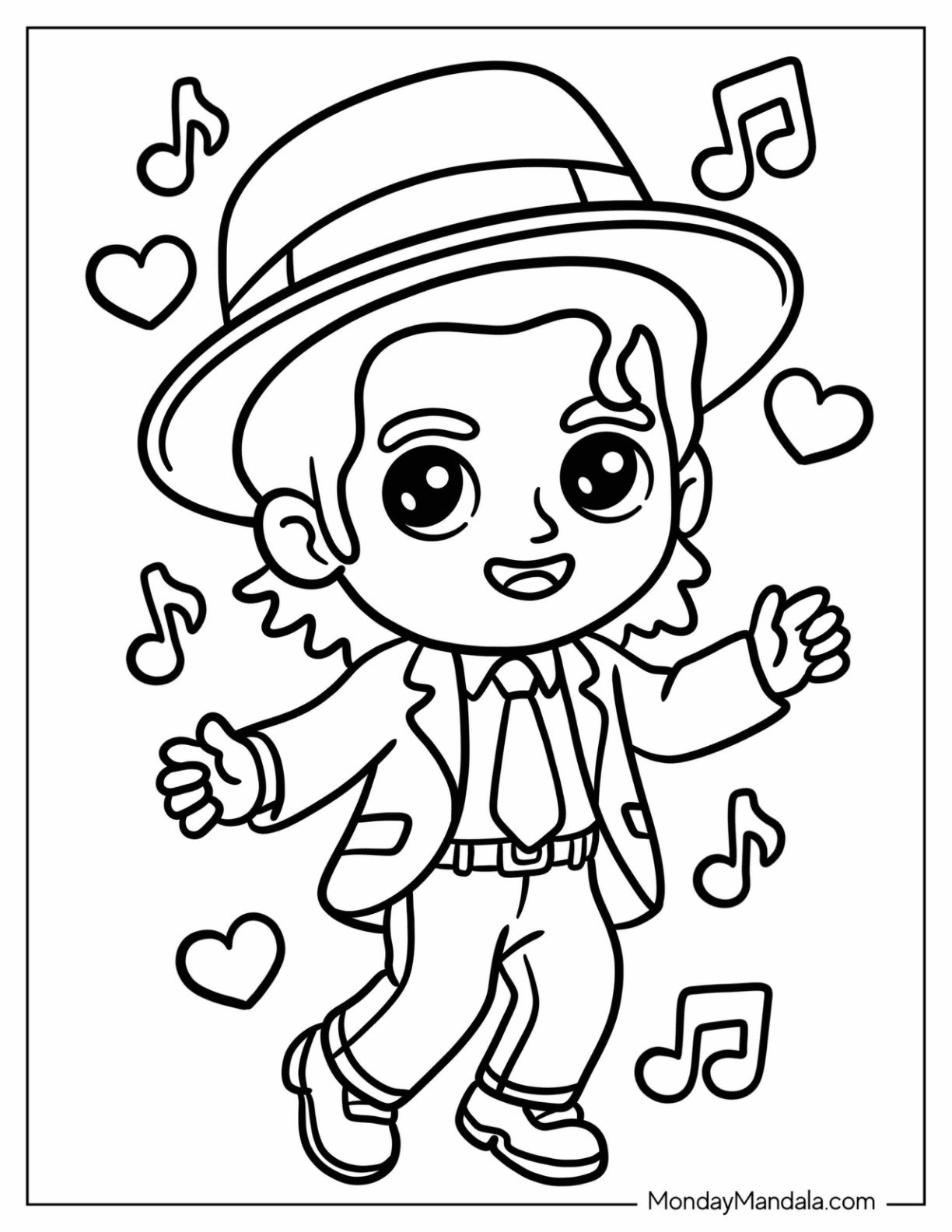 Dancing Michael Jackson Coloring Page with Musical Notes and Love Hearts for Preschoolers