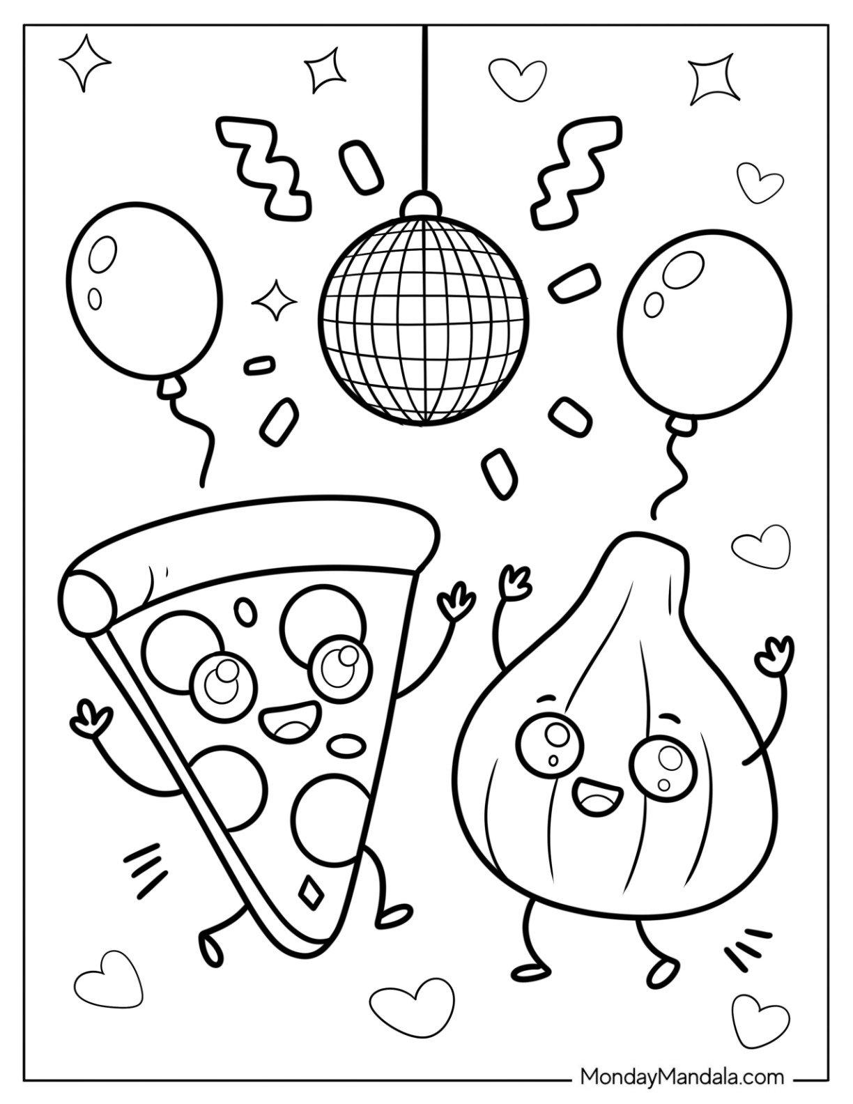 Dancing Pizza Coloring Page Slice and Garlic bulb with Disco Ball and Balloons for Kids