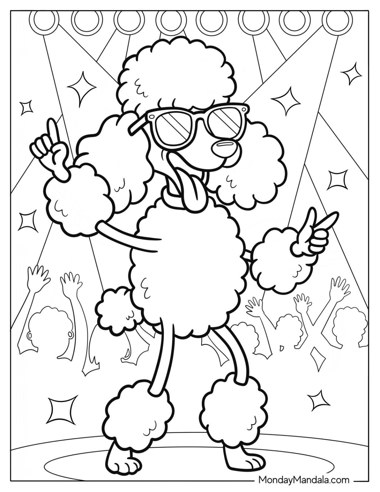 Dancing Poodle Coloring Page at a Disco Party for Kids