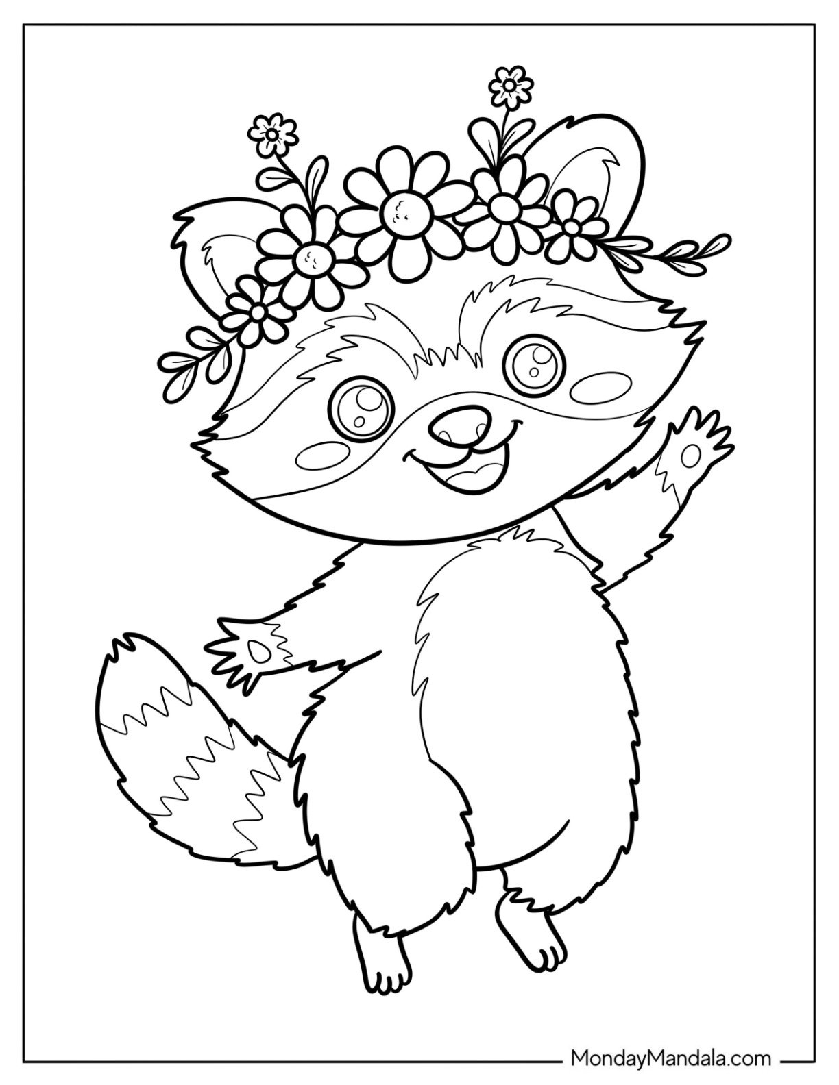 Dancing Raccoon Coloring Page with Flower Crown for Kids