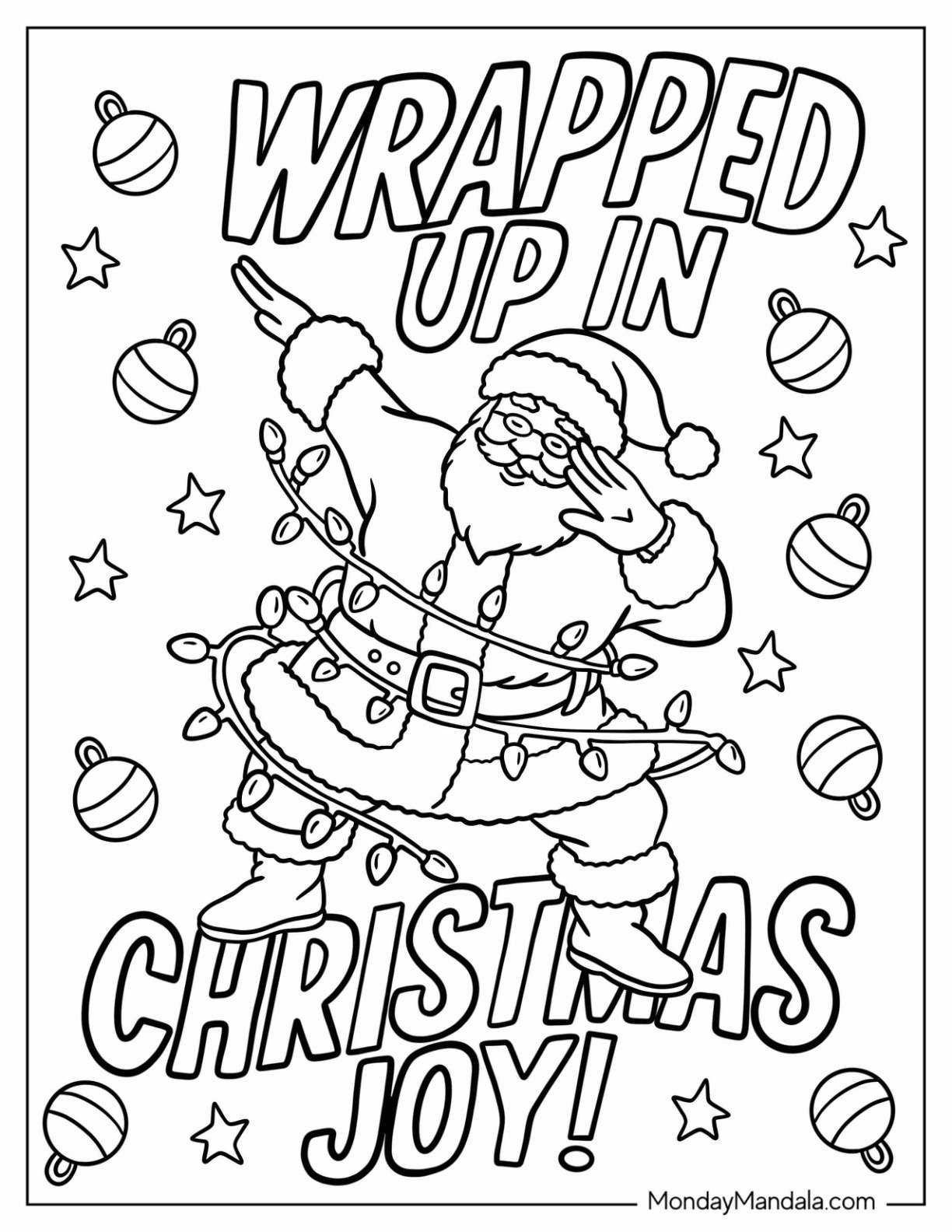 Dancing Santa Claus Wrapped in Christmas Lights Coloring Page