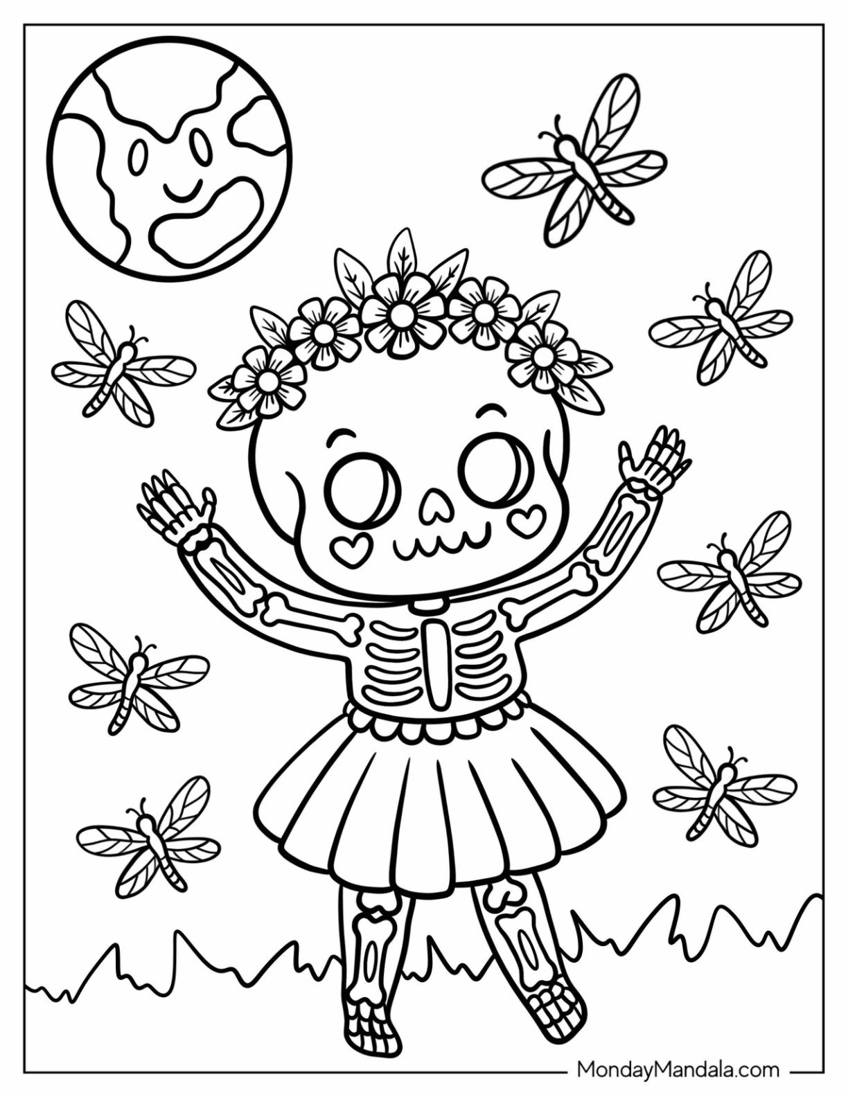 Dancing Skeleton Coloring Page Girl in a Tutu with Flower Crown and Fireflies for Kids