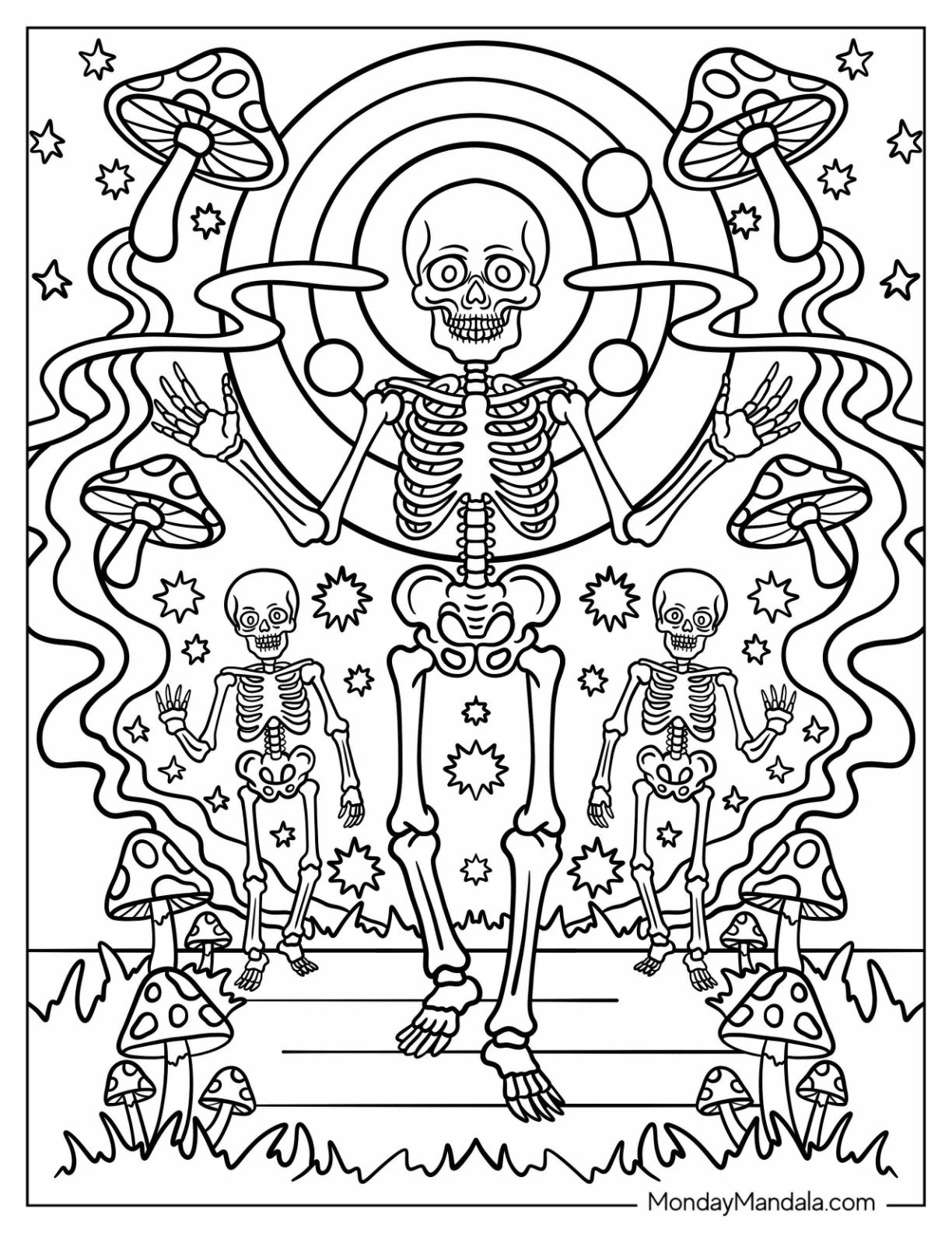 Dancing Skeletons Under Stars with Mushrooms and Cosmic Background Halloween Coloring Page for Adults