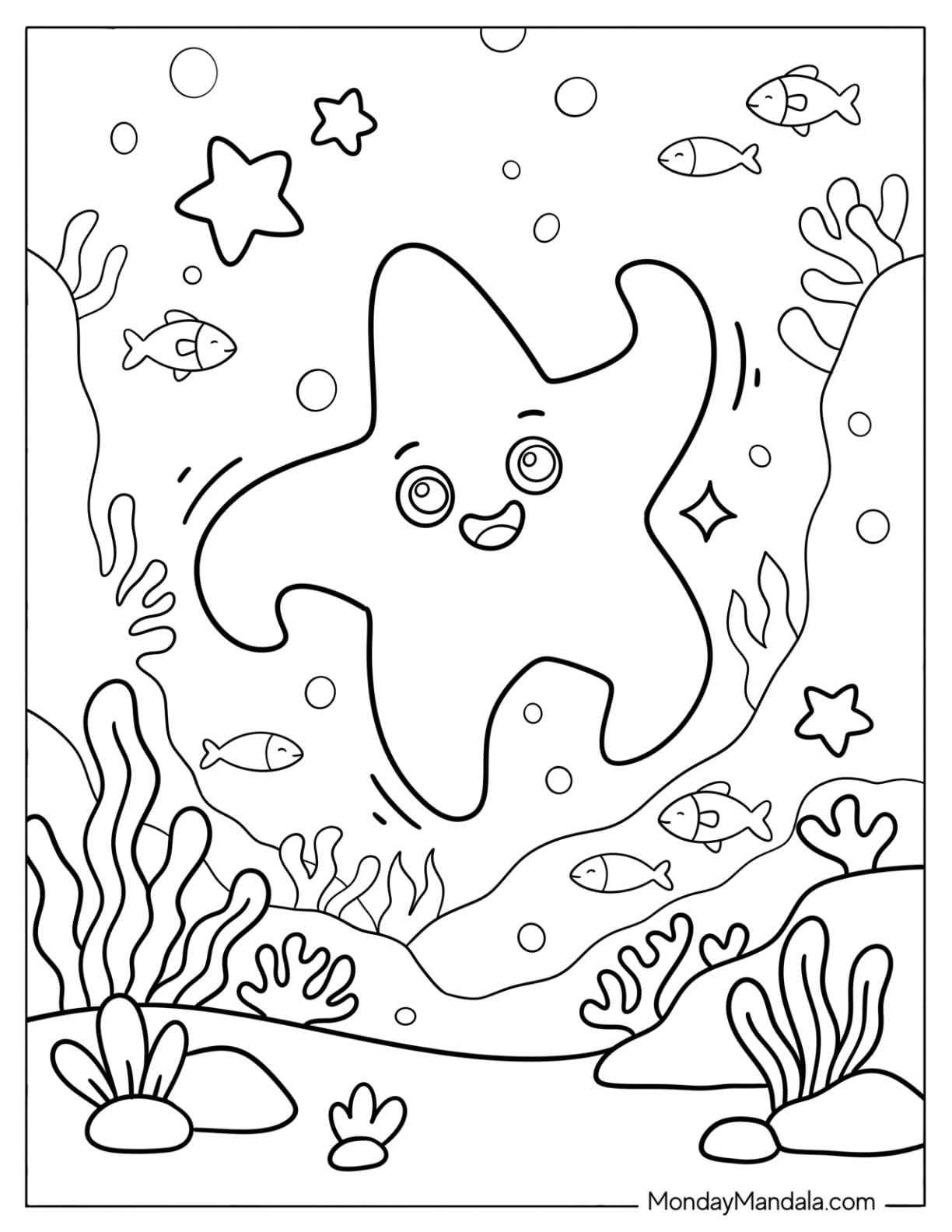 Dancing Starfish Underwater Coloring Sheet for Preschoolers